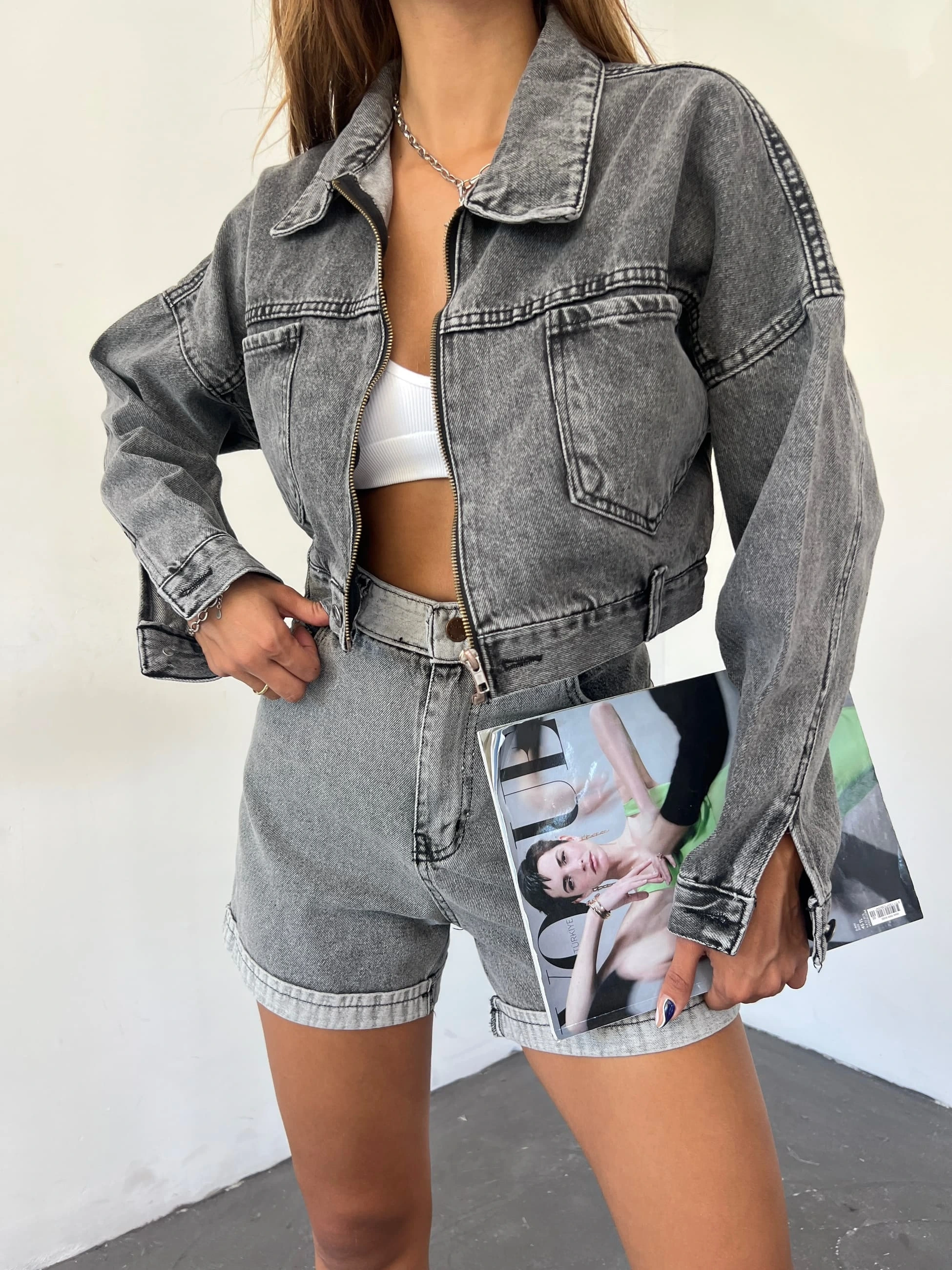 Pullaps Fermuarlı Çift Cepli Kot Mont Antrasit