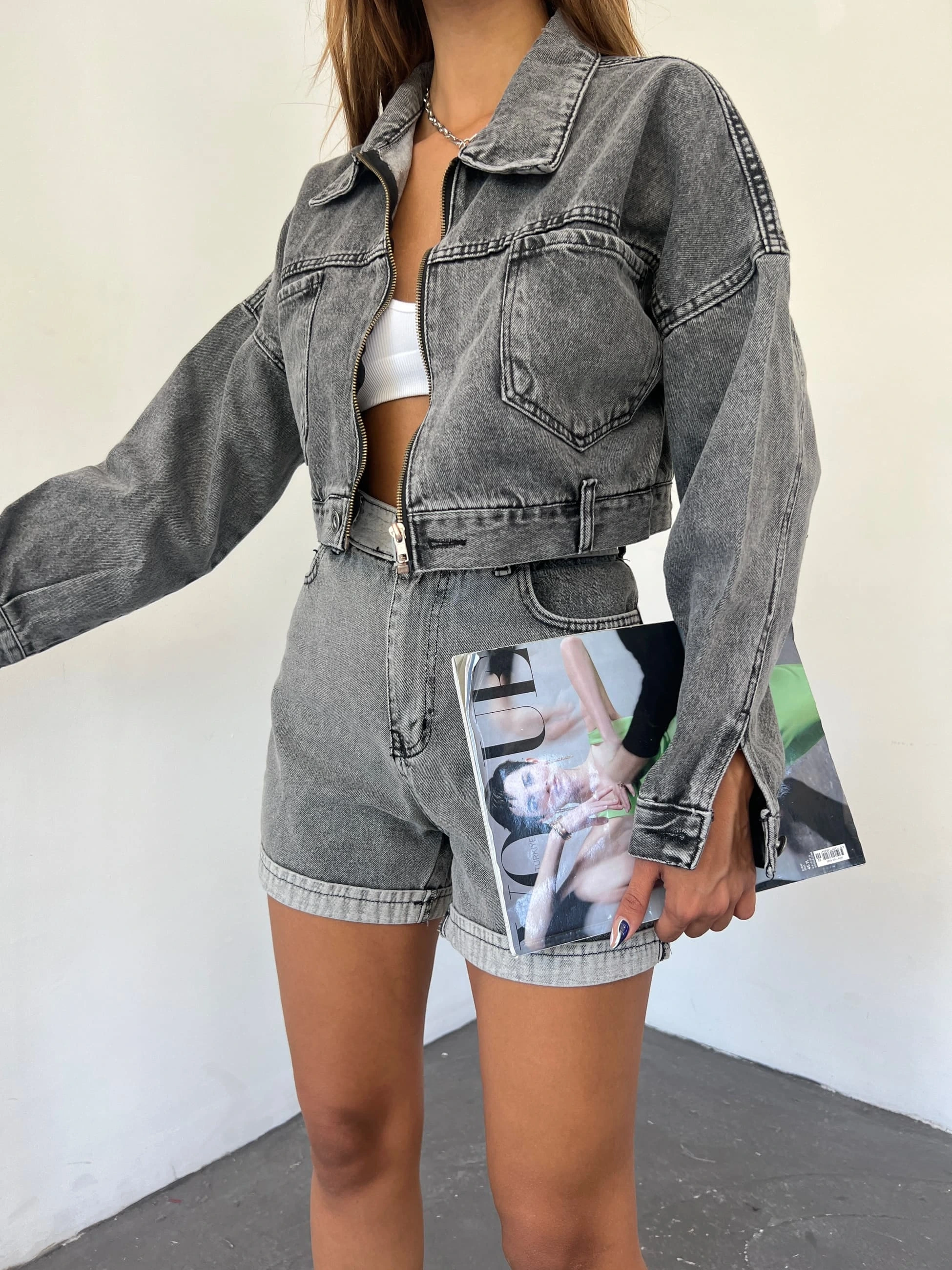 Pullaps Fermuarlı Çift Cepli Kot Mont Antrasit