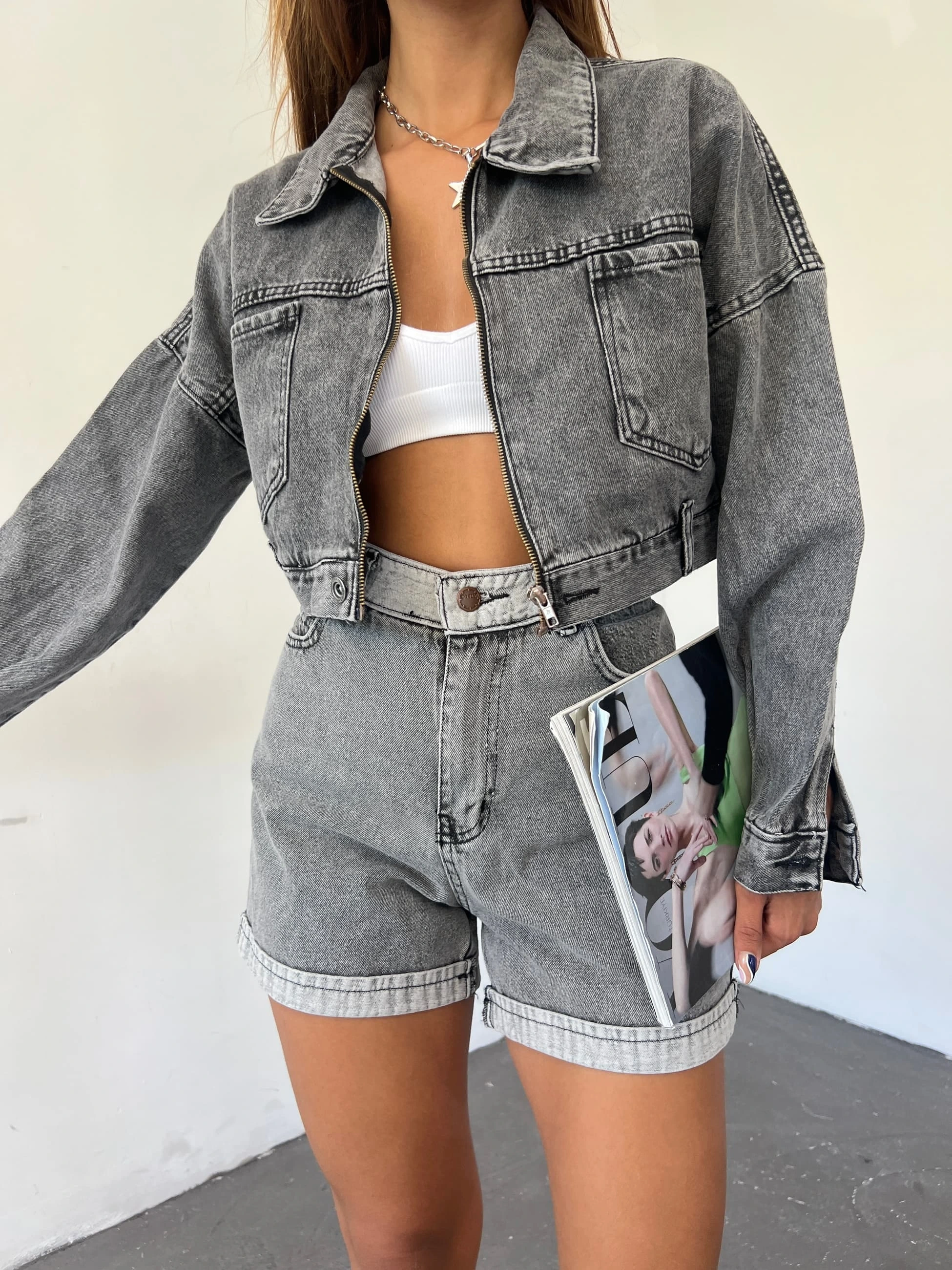 Pullaps Fermuarlı Çift Cepli Kot Mont Antrasit