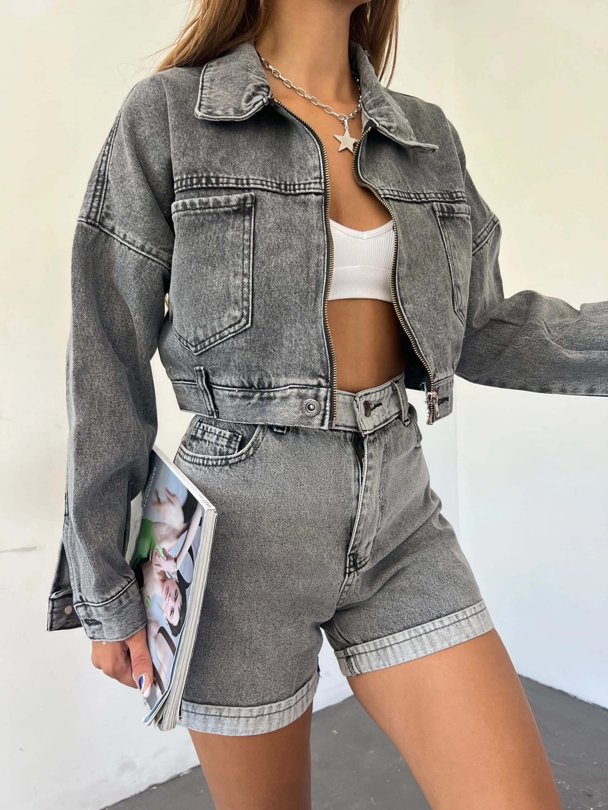 Pullaps Fermuarlı Çift Cepli Kot Mont Antrasit