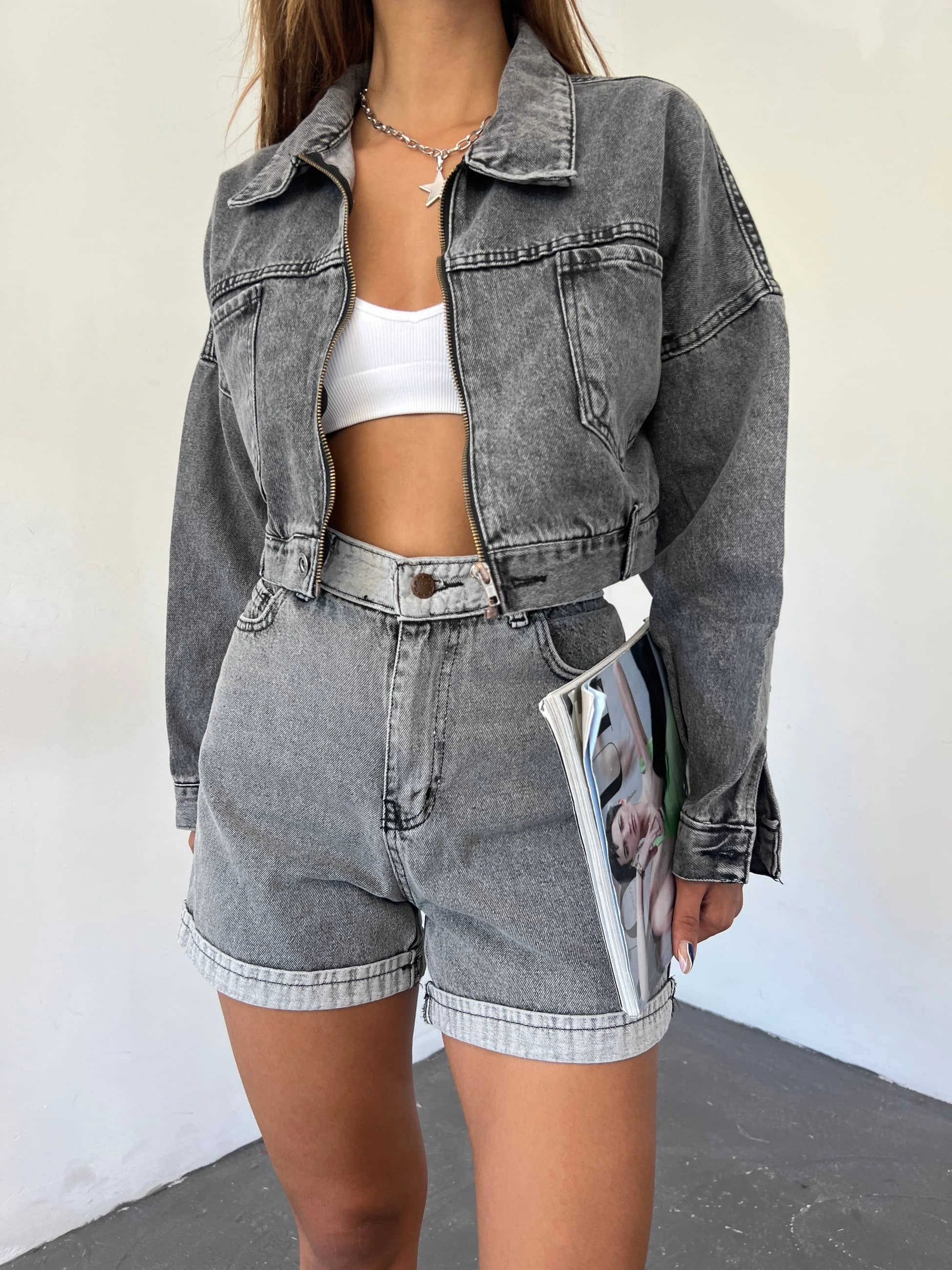 Pullaps Fermuarlı Çift Cepli Kot Mont Antrasit