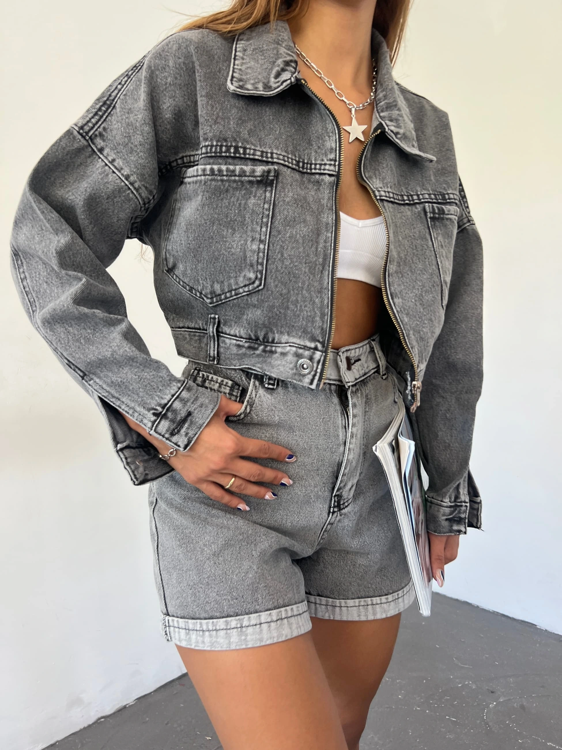 Pullaps Fermuarlı Çift Cepli Kot Mont Antrasit