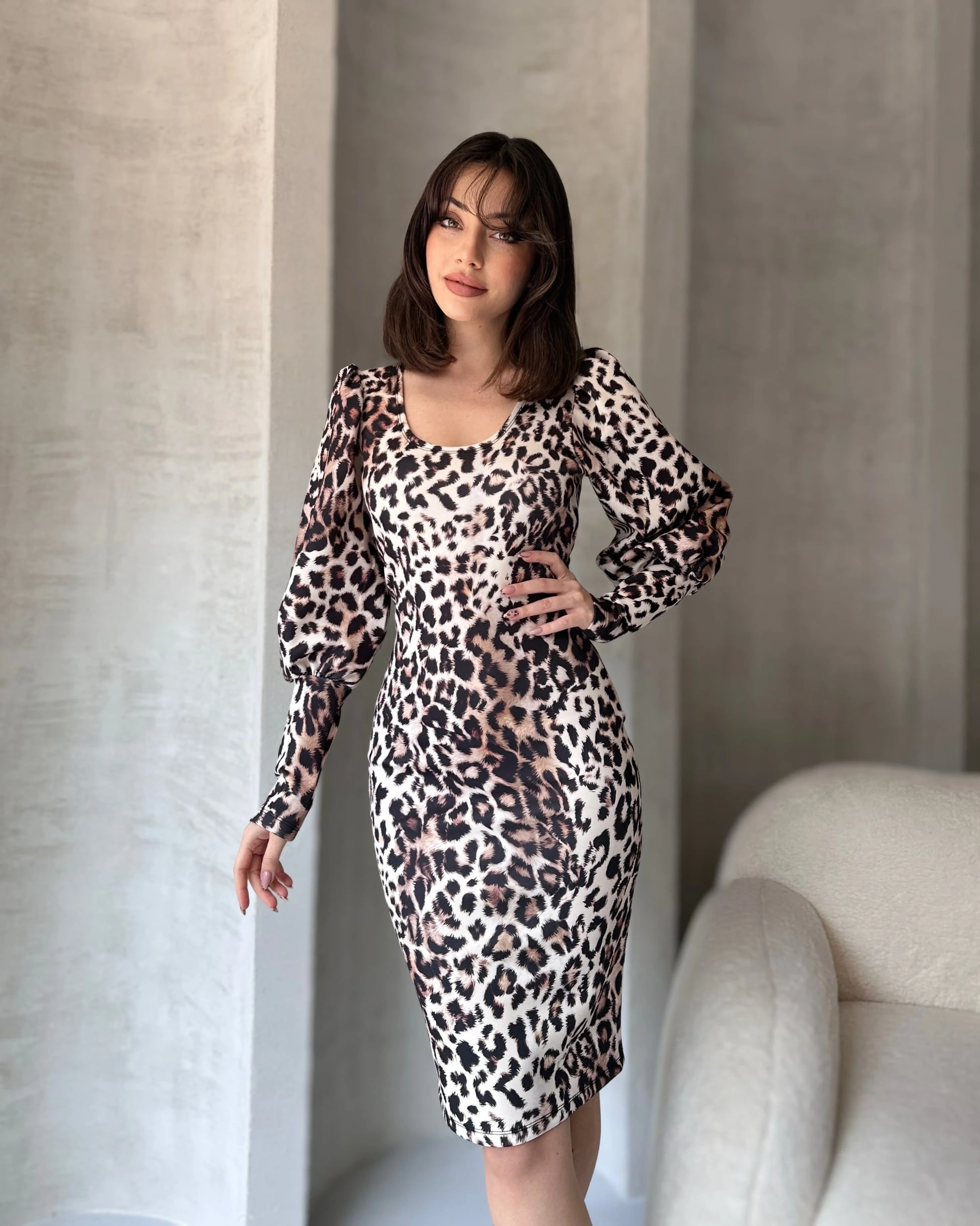 Pullaps Leopar Desenli Midi Boy Elbise Byz