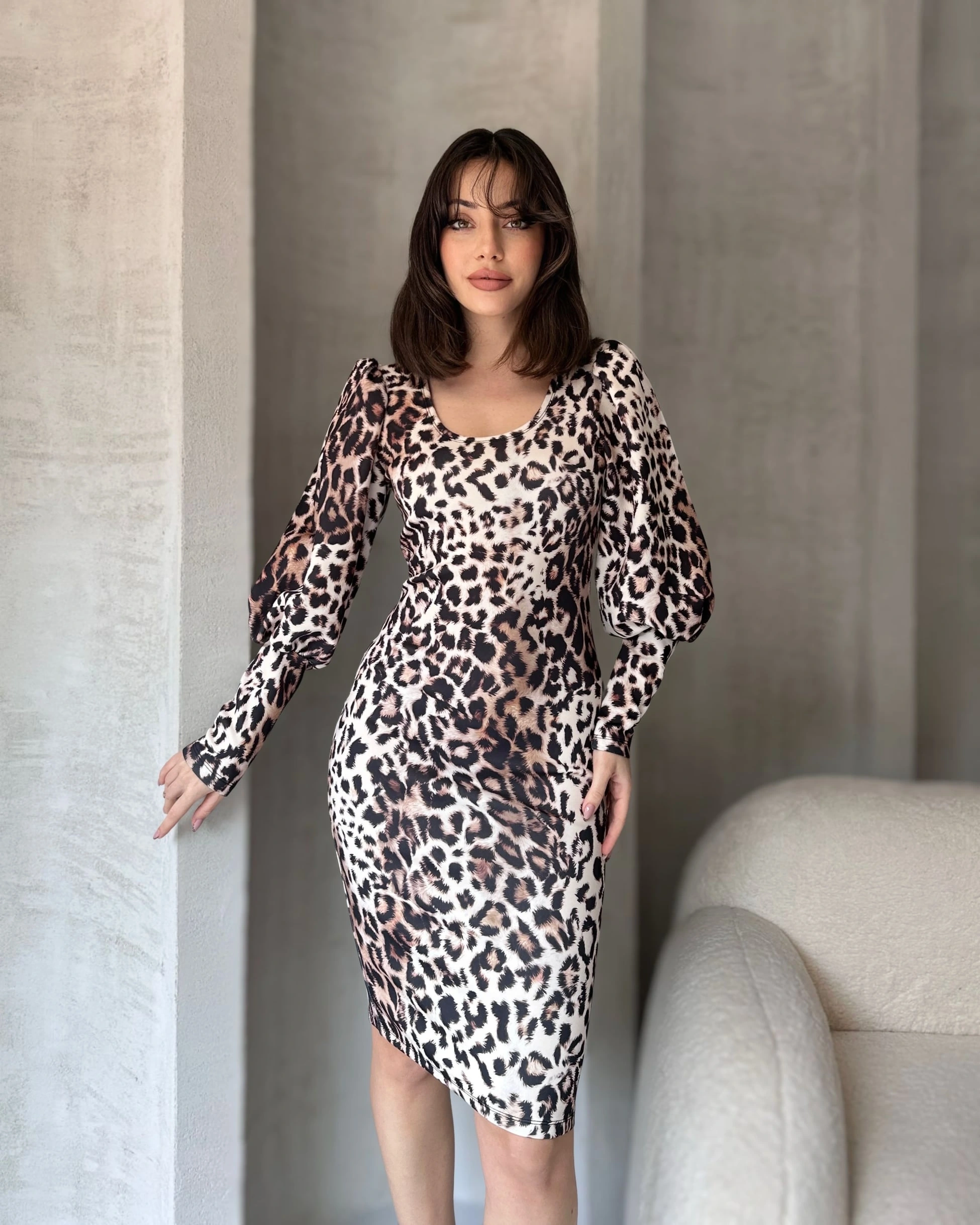 Pullaps Leopar Desenli Midi Boy Elbise Byz