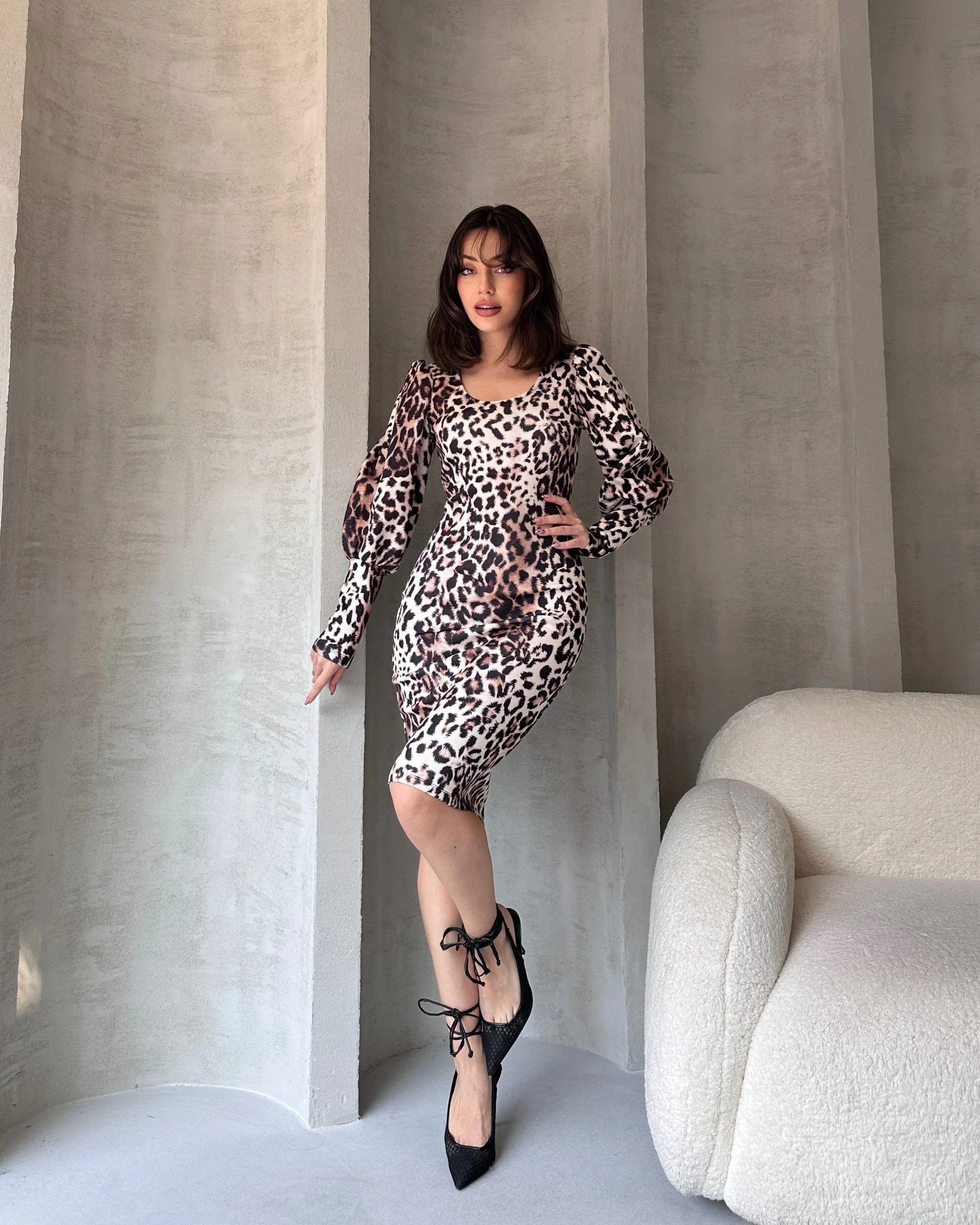 Pullaps Leopar Desenli Midi Boy Elbise Byz