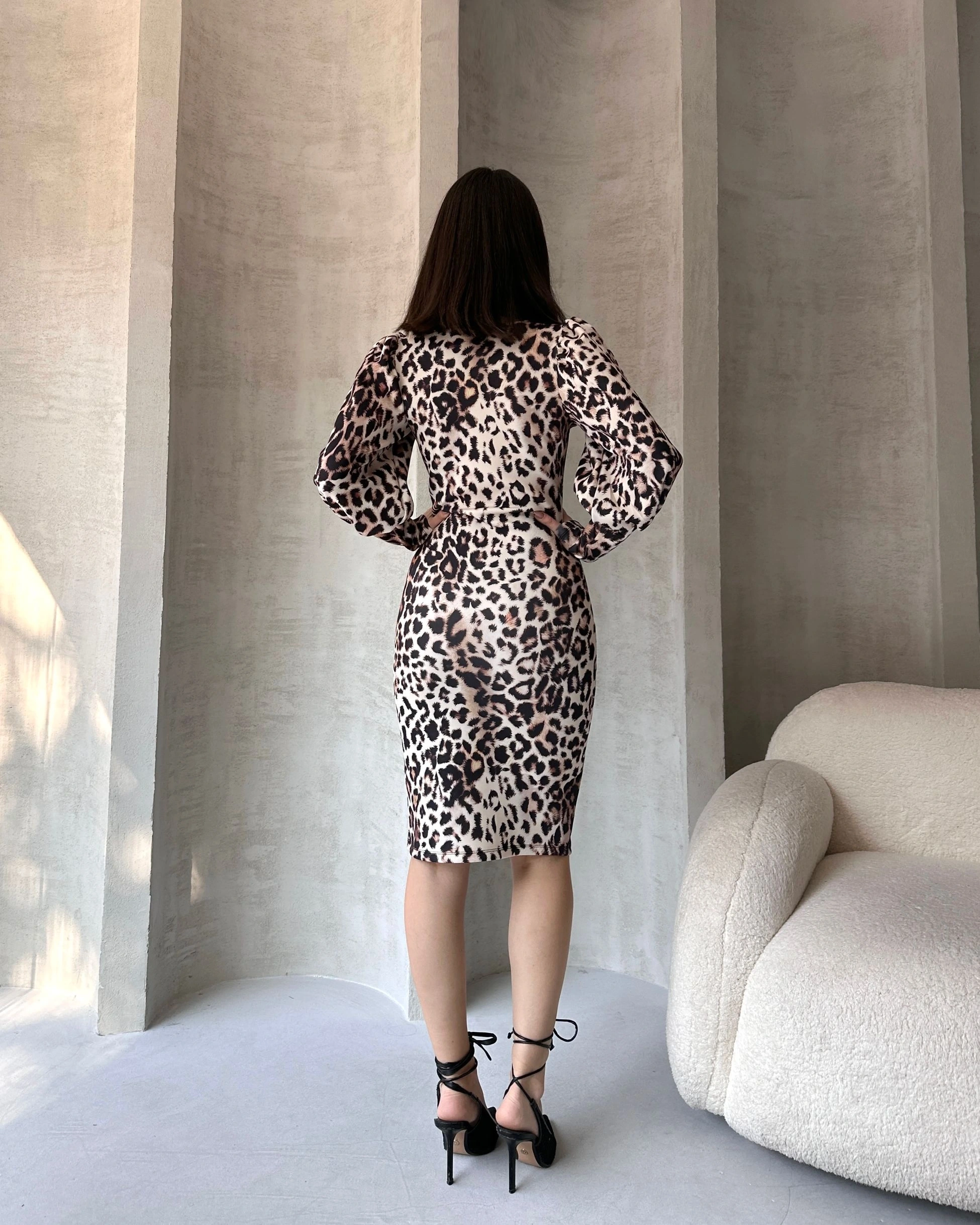 Pullaps Leopar Desenli Midi Boy Elbise Byz