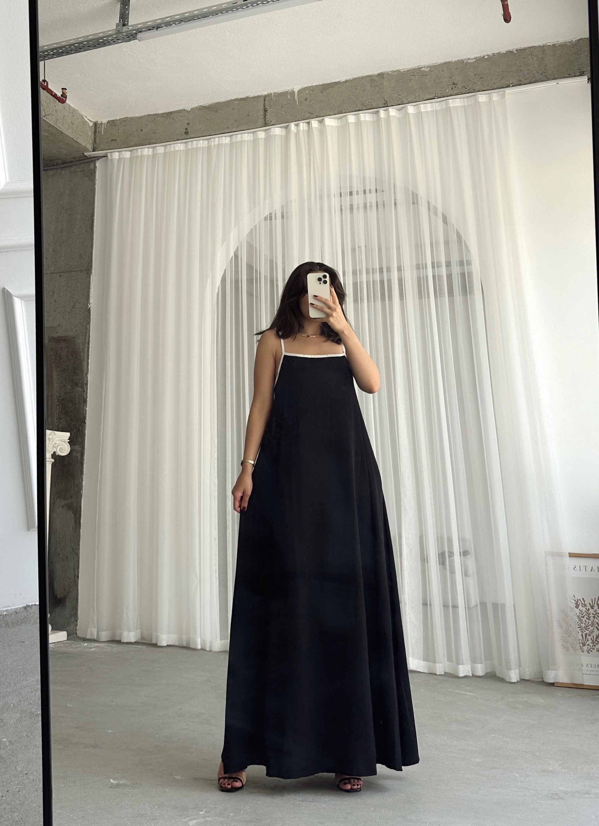 Pullaps Askısı Ayarlanabilir Uzun Keten Elbise Siyah