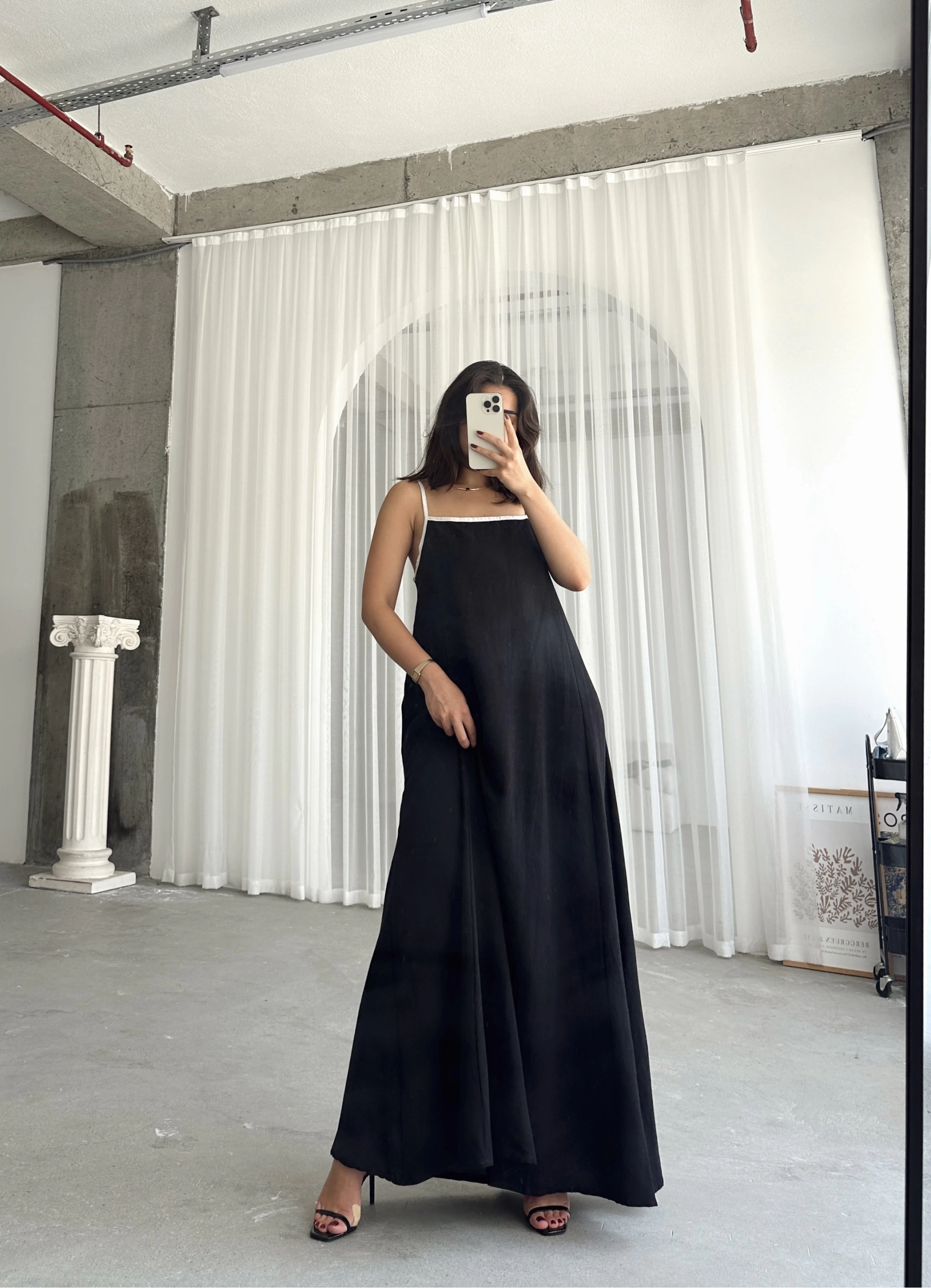 Pullaps Askısı Ayarlanabilir Uzun Keten Elbise Siyah