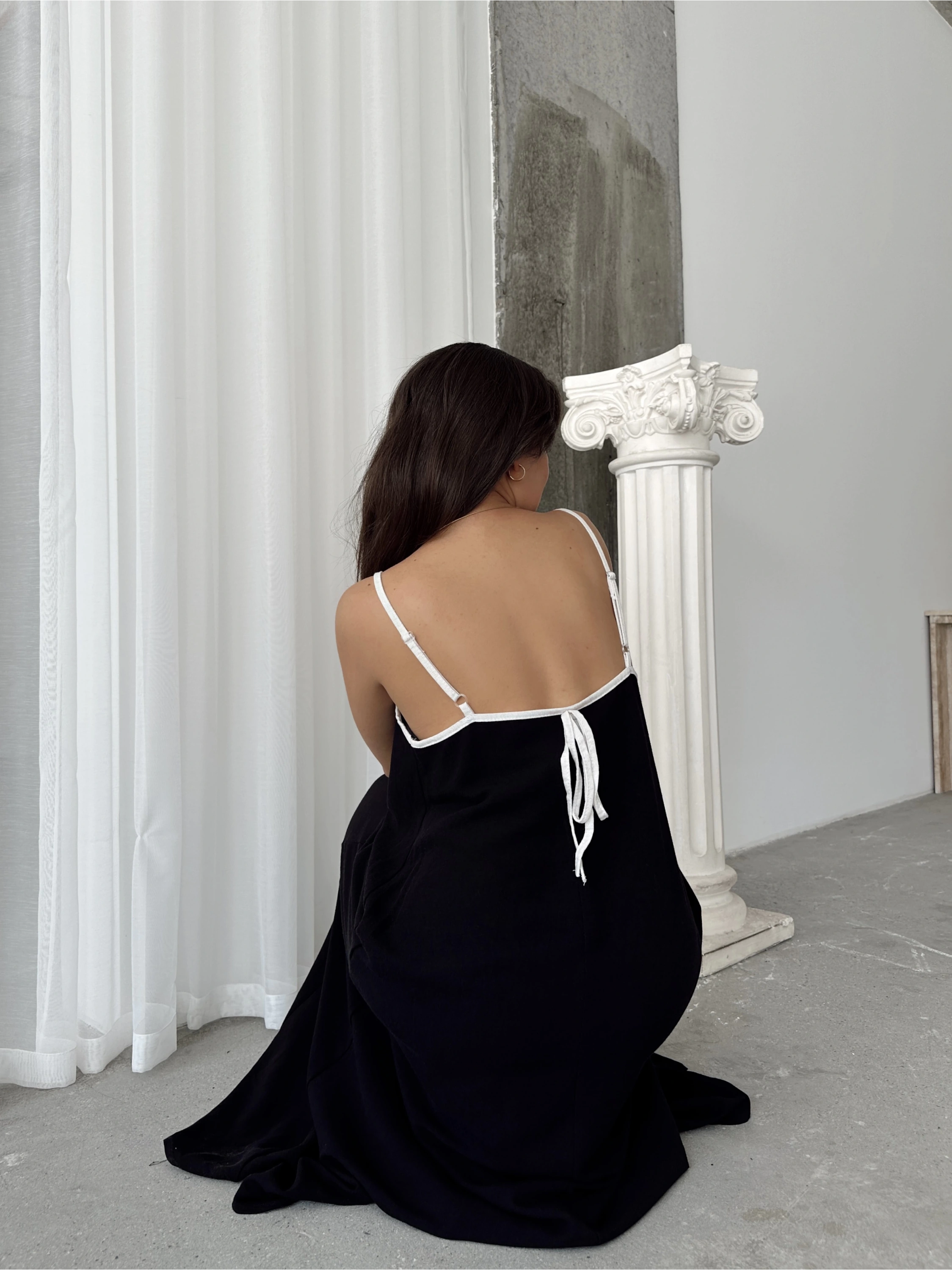 Pullaps Askısı Ayarlanabilir Uzun Keten Elbise Siyah