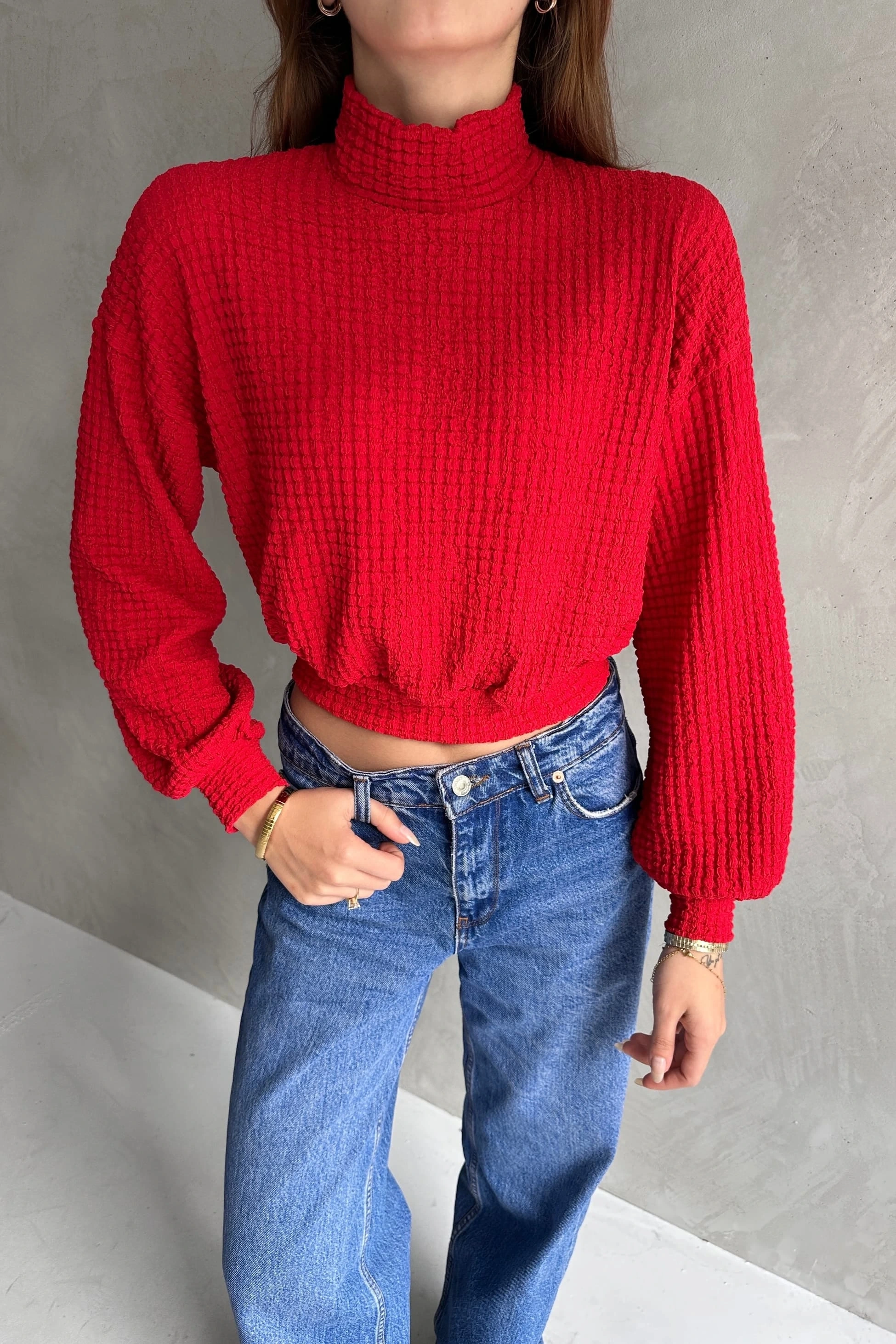 Pullaps Balıkçı Yaka Dokulu Crop Bluz Kırmızı