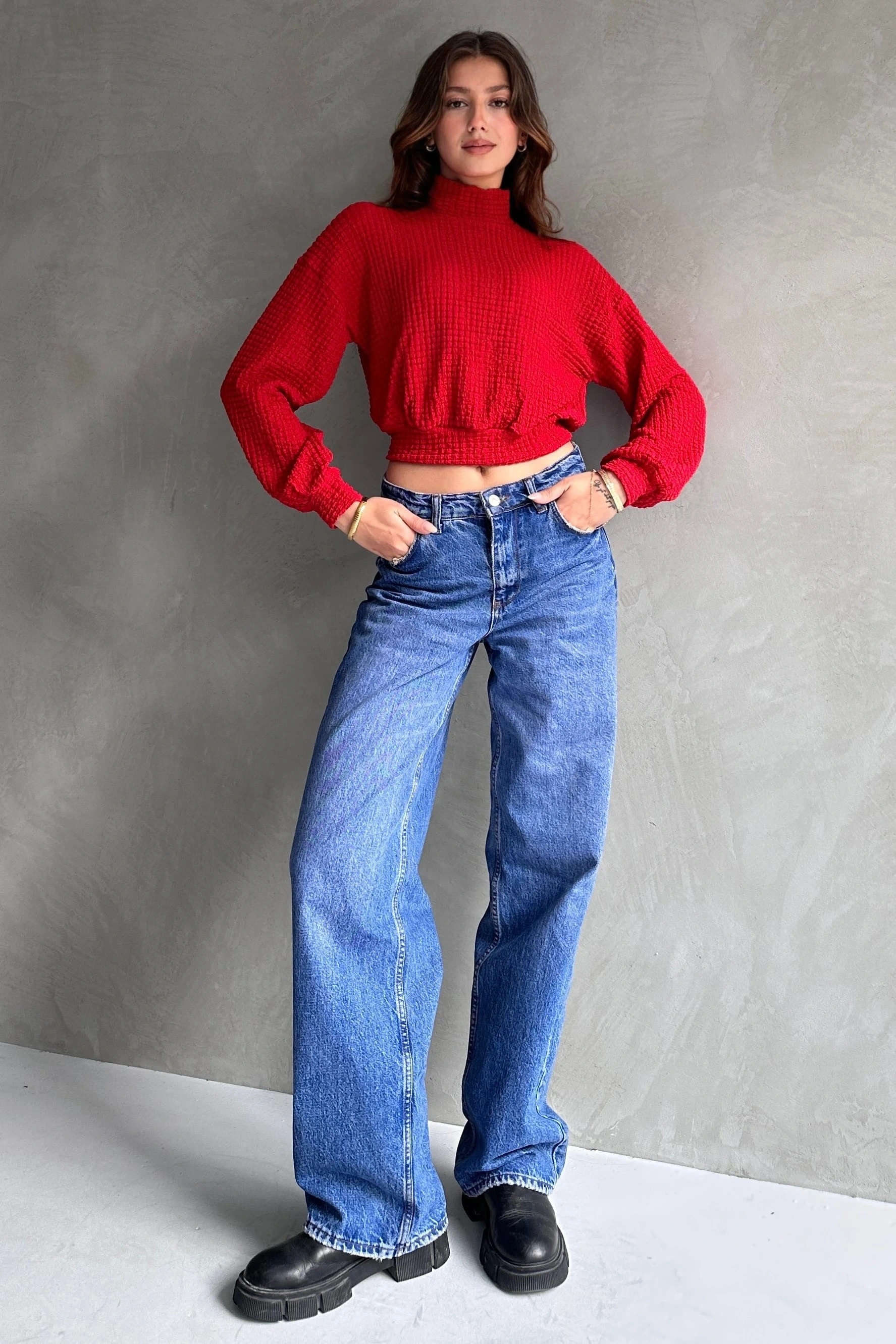 Pullaps Balıkçı Yaka Dokulu Crop Bluz Kırmızı