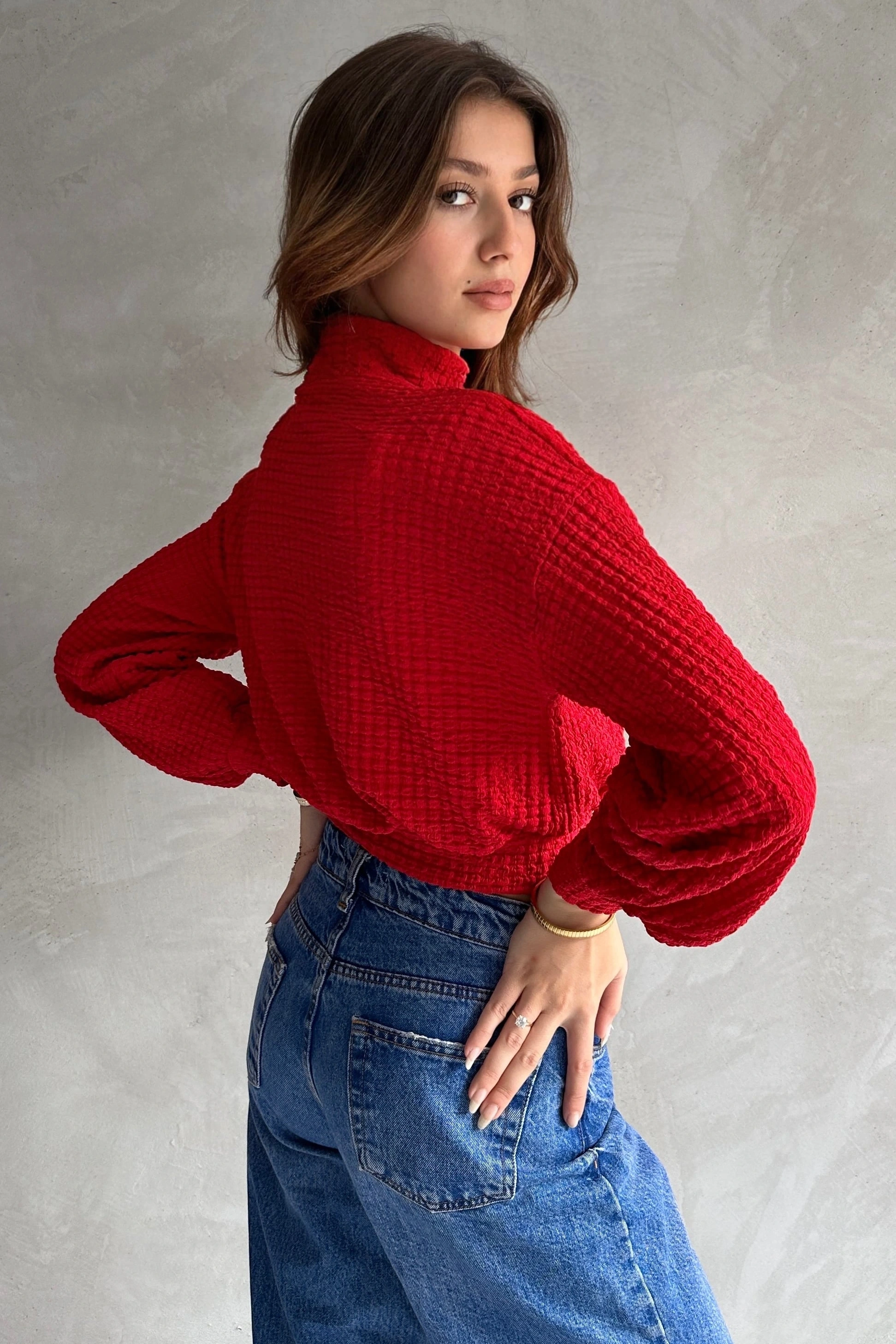 Pullaps Balıkçı Yaka Dokulu Crop Bluz Kırmızı