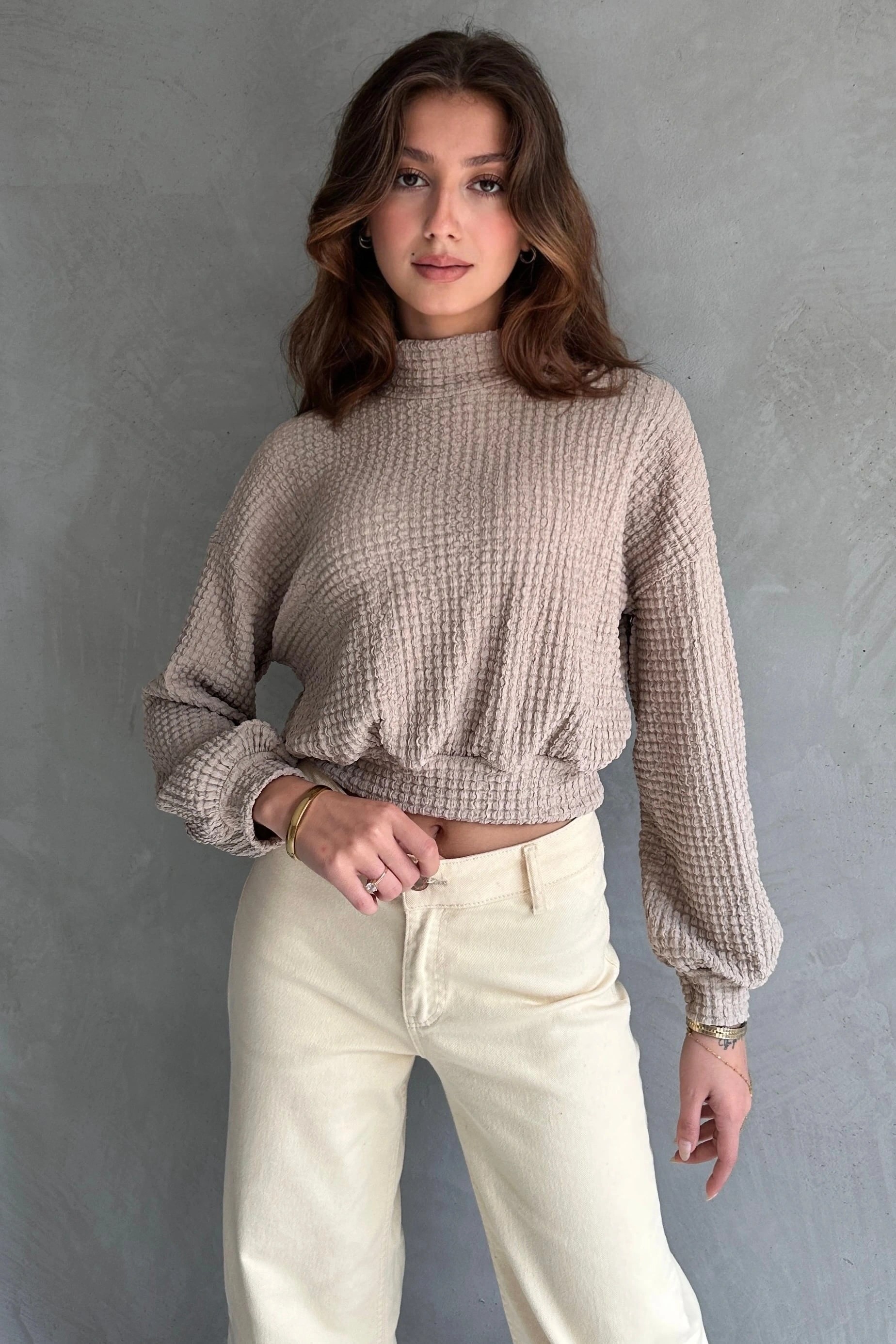 Pullaps Balıkçı Yaka Dokulu Crop Bluz Vizon