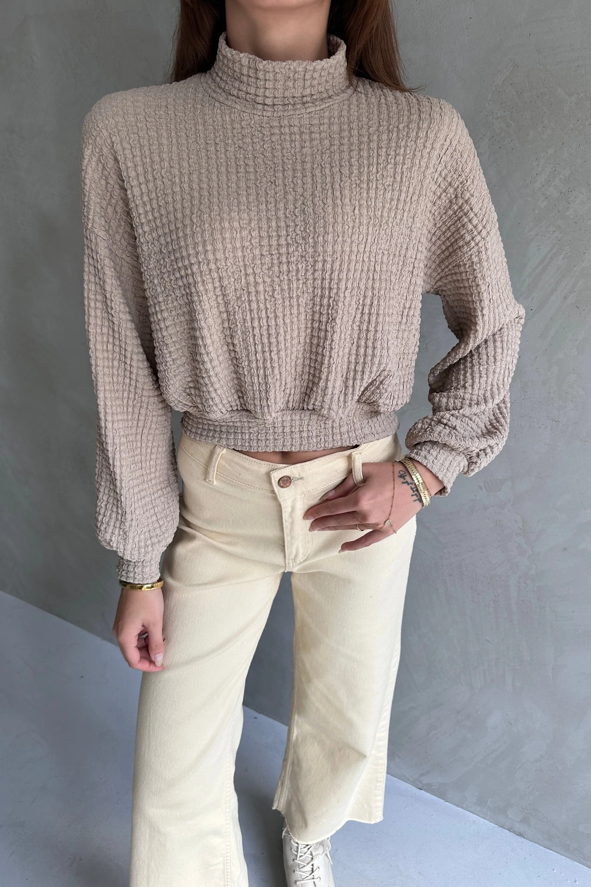 Pullaps Balıkçı Yaka Dokulu Crop Bluz Vizon