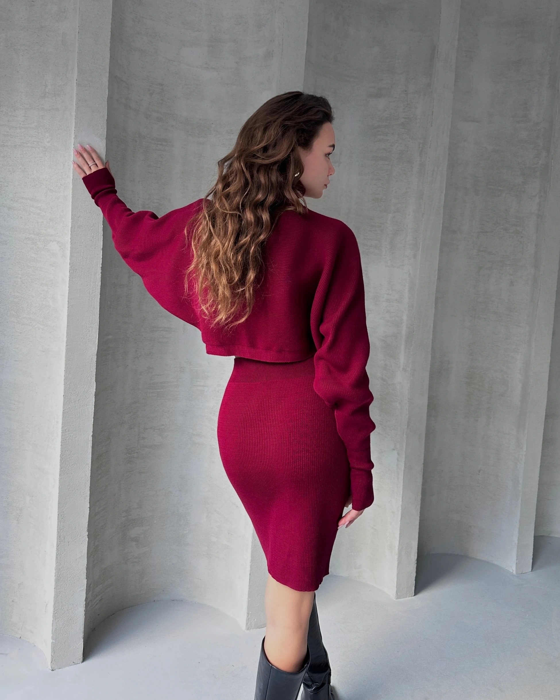 Pullaps Balıkçı Yaka Yarasa Kol Bluz Ve Etek İkili Triko Takım Bordo