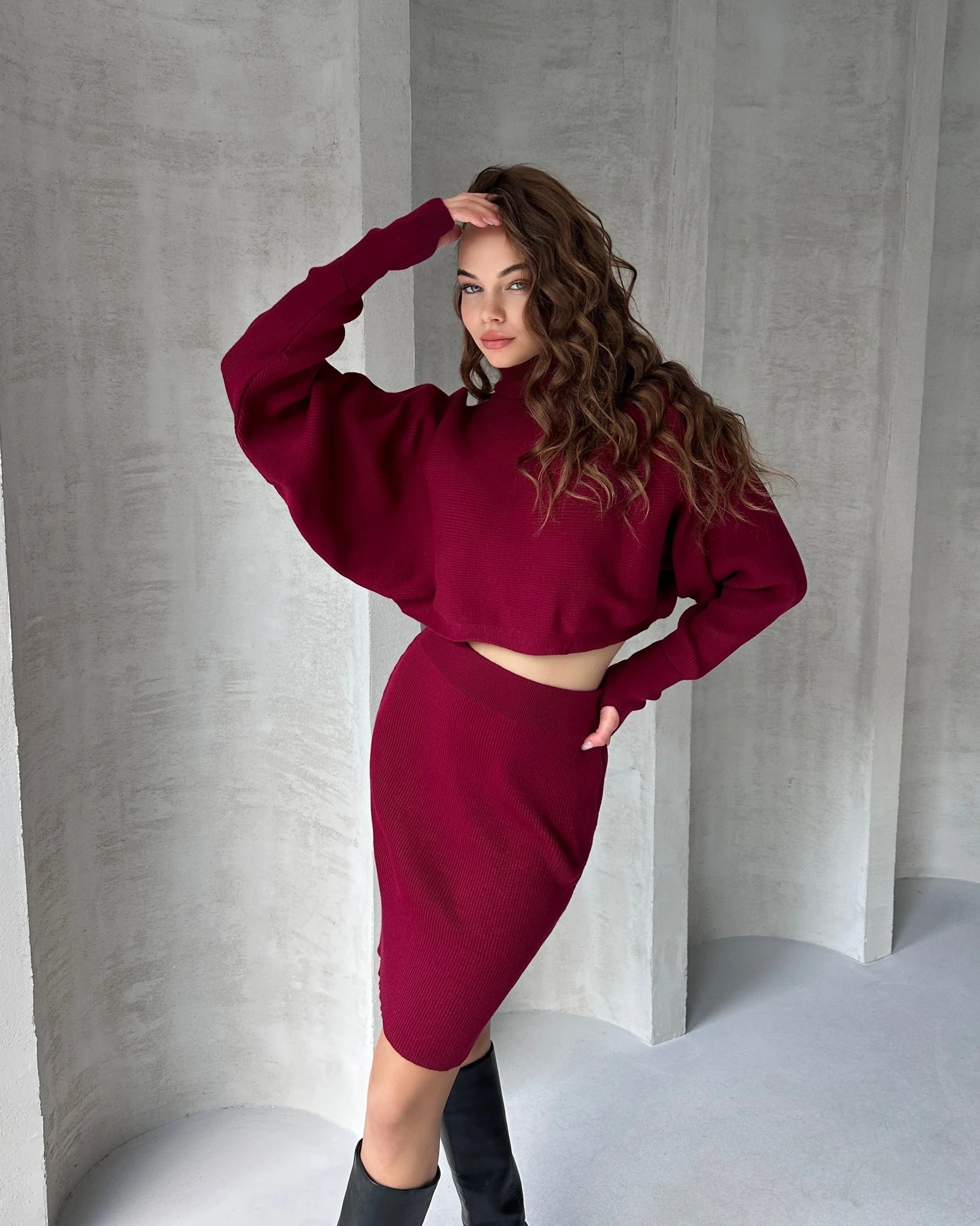 Pullaps Balıkçı Yaka Yarasa Kol Bluz Ve Etek İkili Triko Takım Bordo