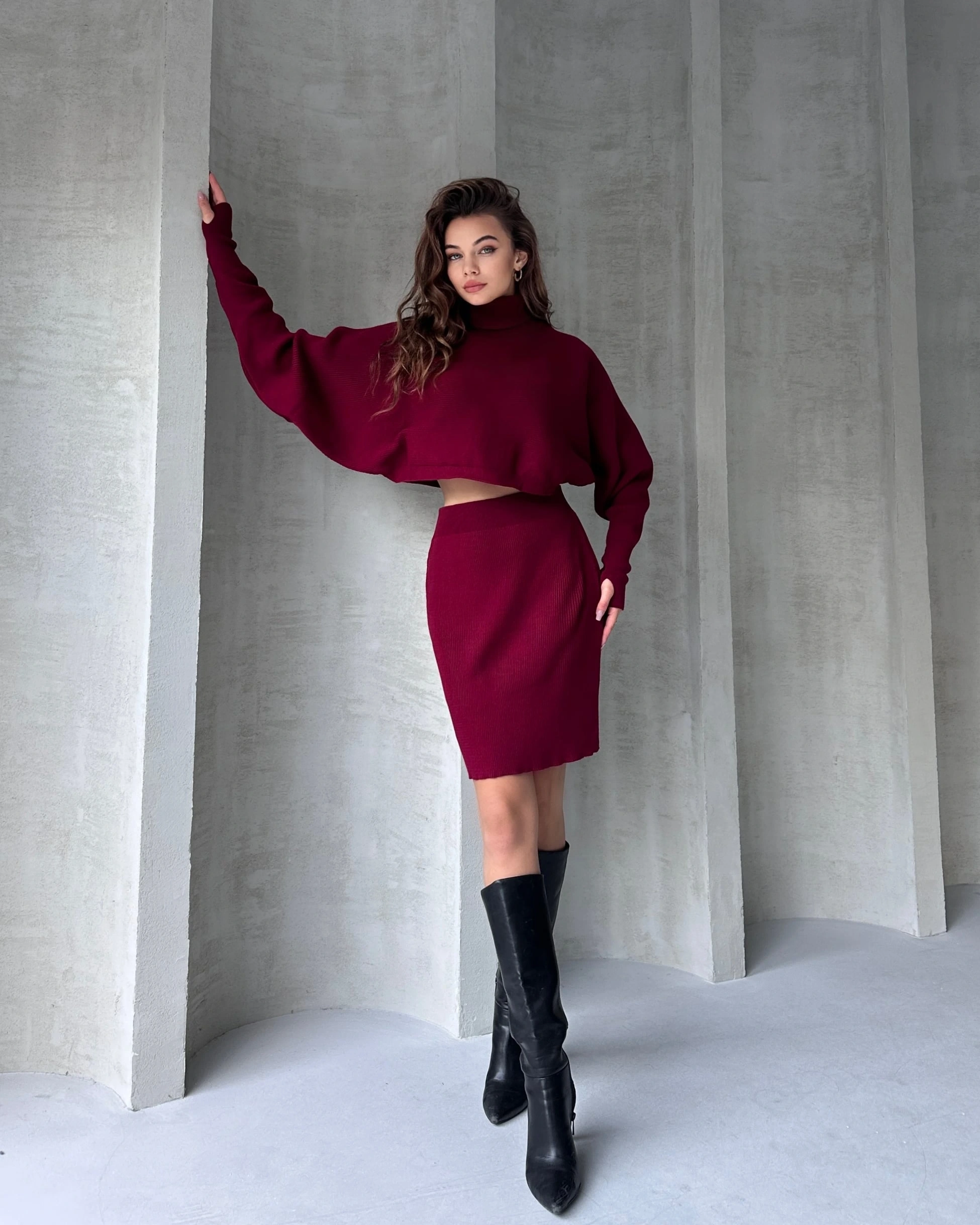 Pullaps Balıkçı Yaka Yarasa Kol Bluz Ve Etek İkili Triko Takım Bordo