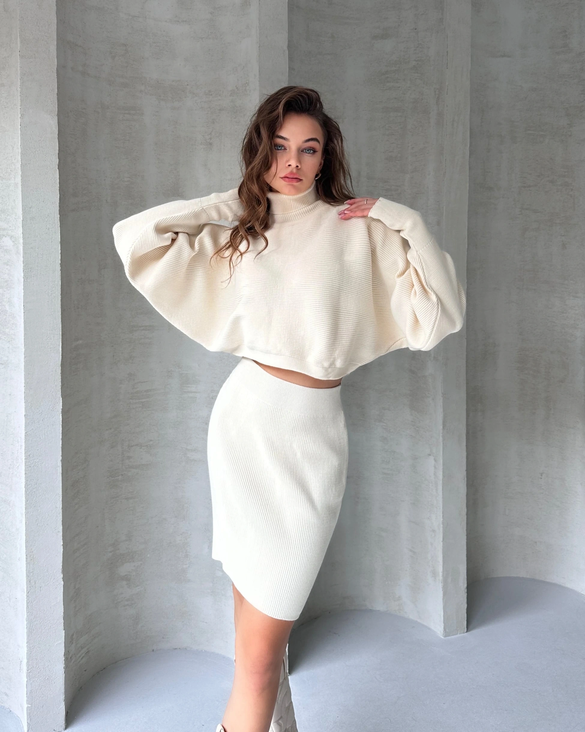 Pullaps Balıkçı Yaka Yarasa Kol Bluz Ve Etek İkili Triko Takım Krem