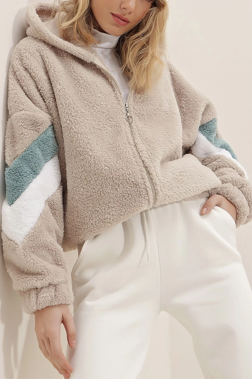 Pullaps Bej Kapüşonlu Fermuarlı Kolları Renk Bloklu Oversize Peluş Sweatshirt