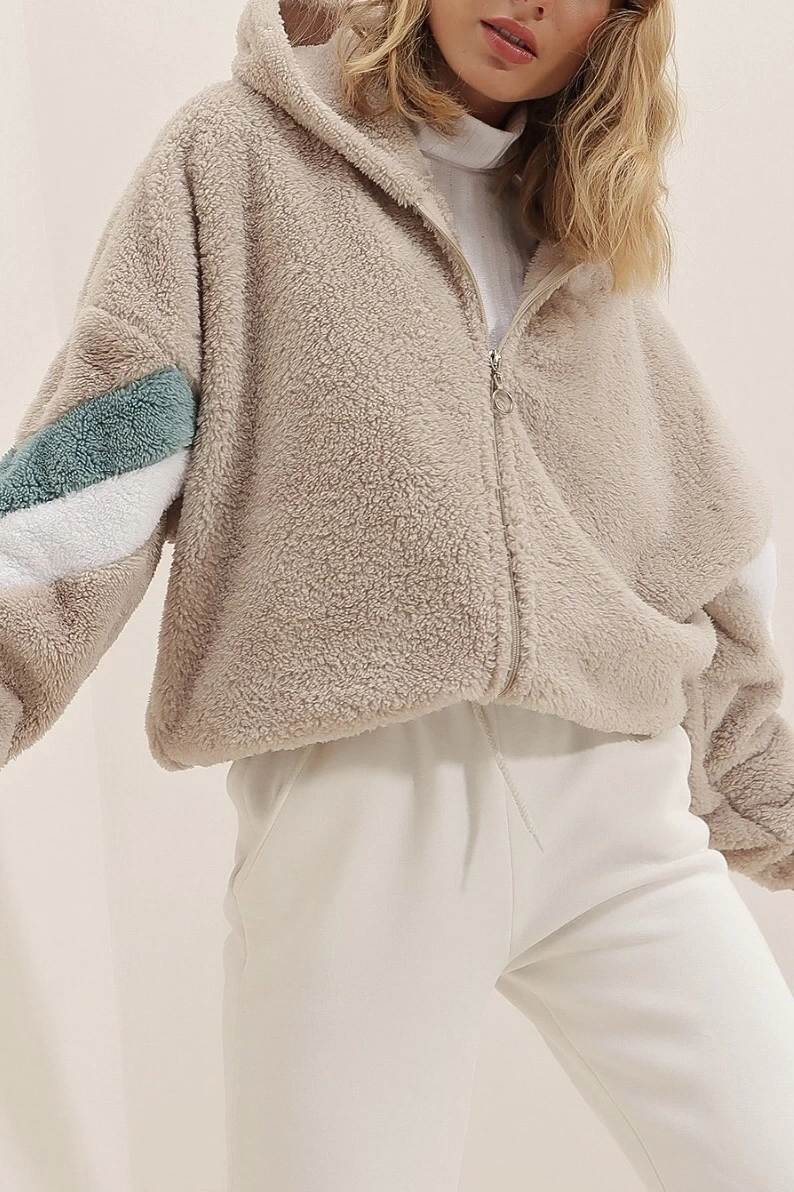 Pullaps Bej Kapüşonlu Fermuarlı Kolları Renk Bloklu Oversize Peluş Sweatshirt