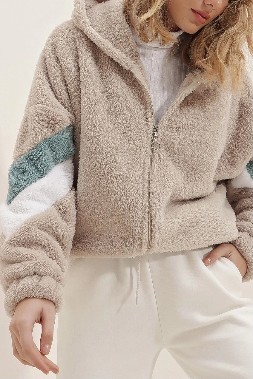 Pullaps Bej Kapüşonlu Fermuarlı Kolları Renk Bloklu Oversize Peluş Sweatshirt
