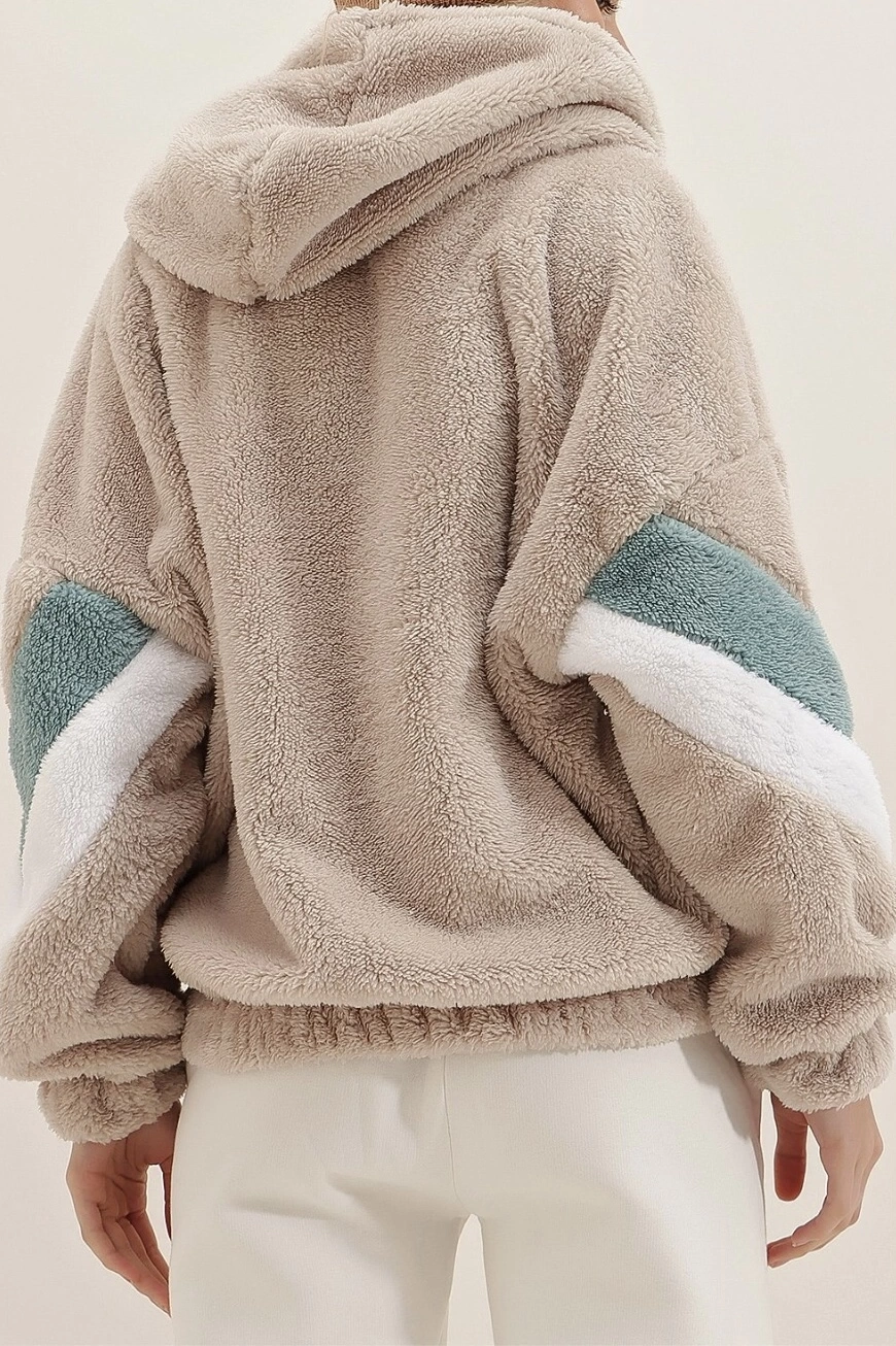 Pullaps Bej Kapüşonlu Fermuarlı Kolları Renk Bloklu Oversize Peluş Sweatshirt
