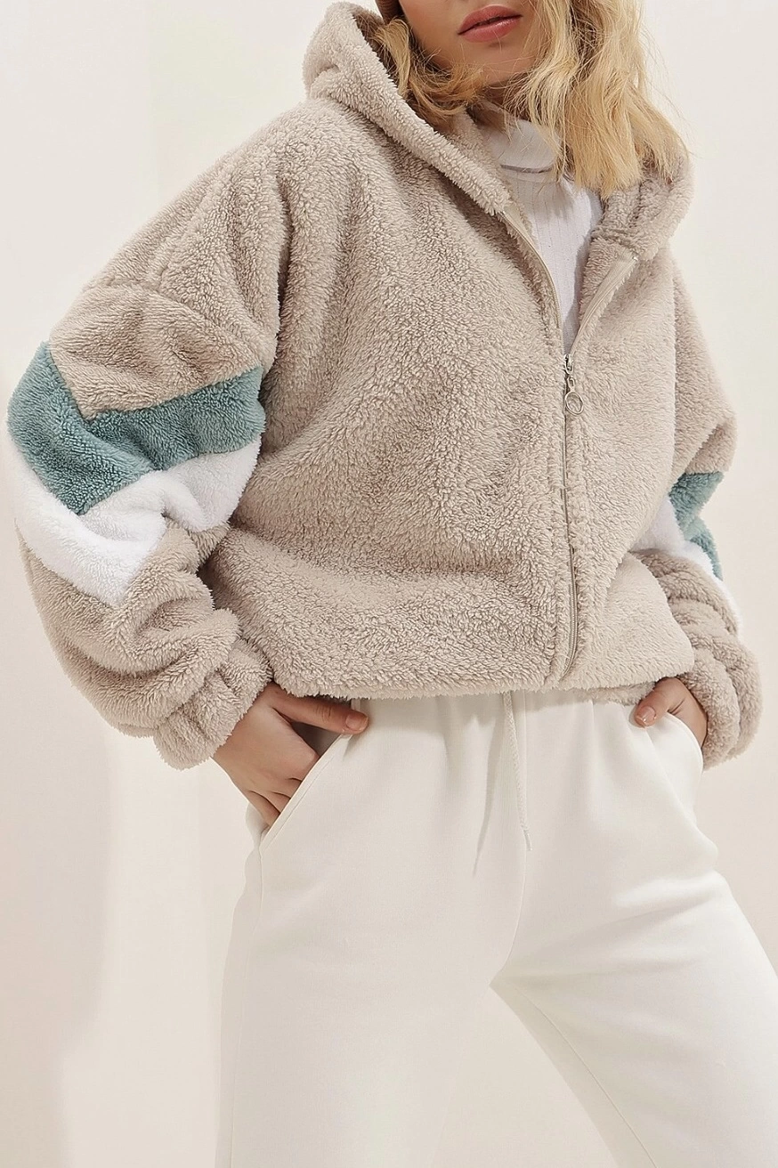 Pullaps Bej Kapüşonlu Fermuarlı Kolları Renk Bloklu Oversize Peluş Sweatshirt