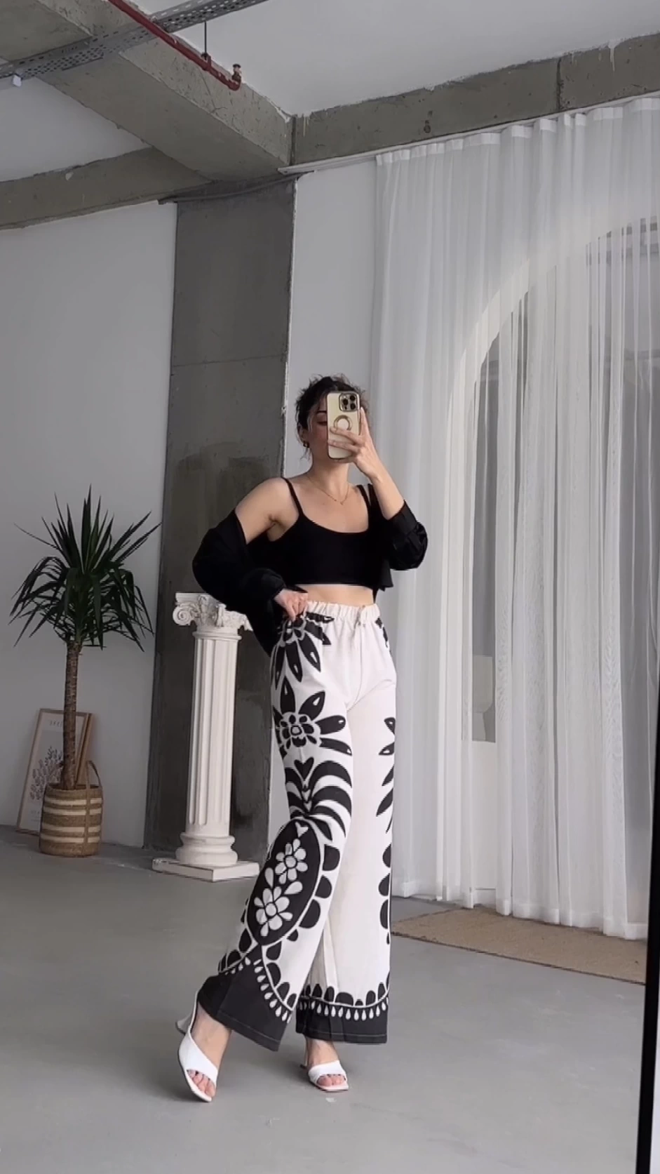 Pullaps Beli Lastikli Desenli Keten Pantolon