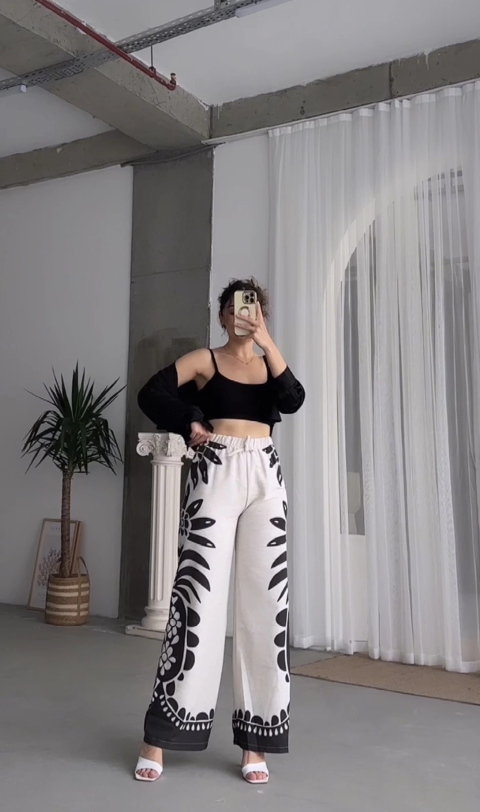 Pullaps Beli Lastikli Desenli Keten Pantolon