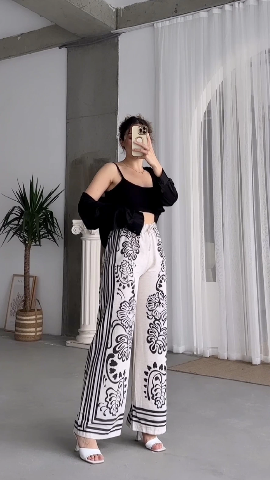 Pullaps Beli Lastikli Desenli Keten Pantolon