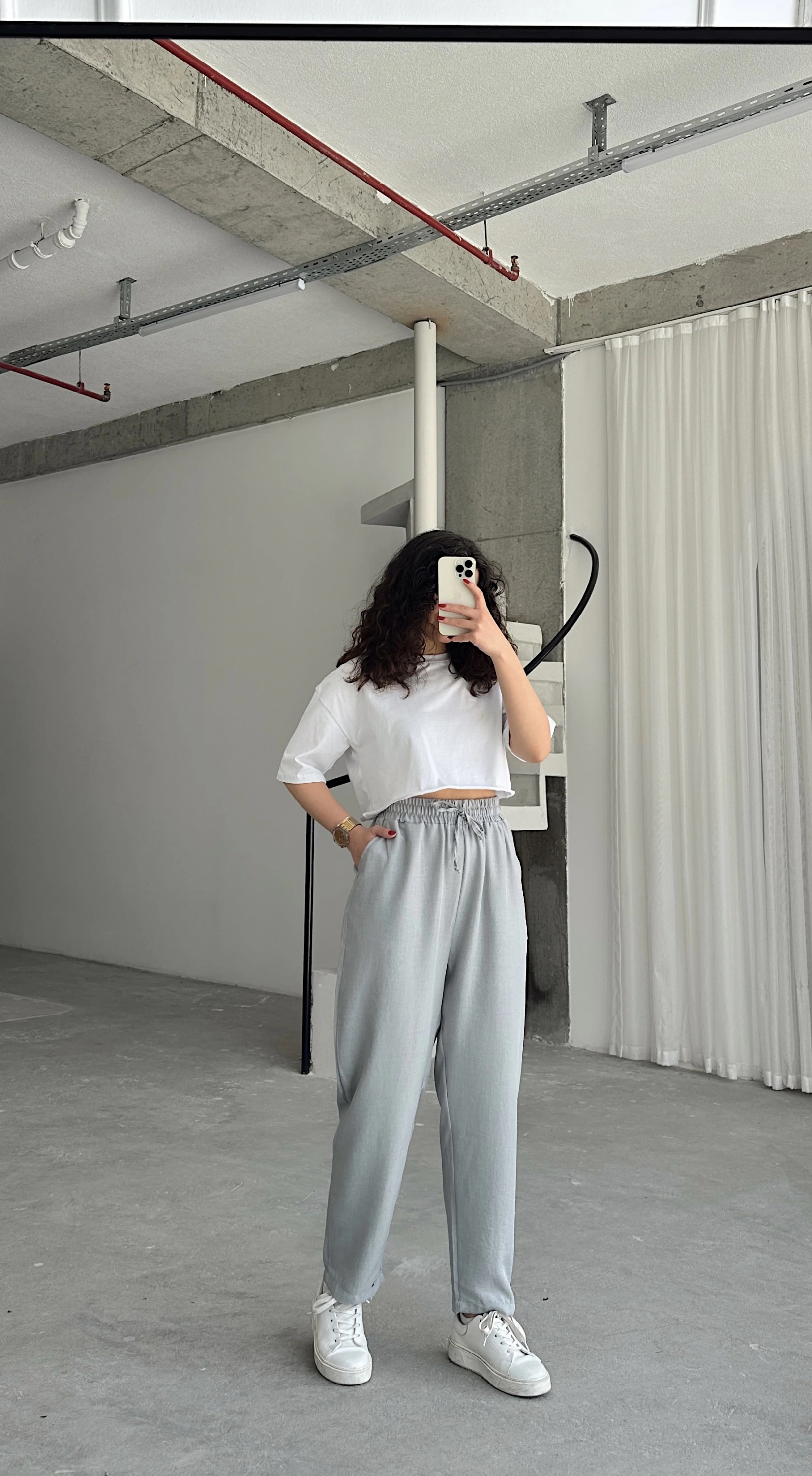 Pullaps Beli Lastikli Yüksek Bel Salaş Keten Pantolon Gri