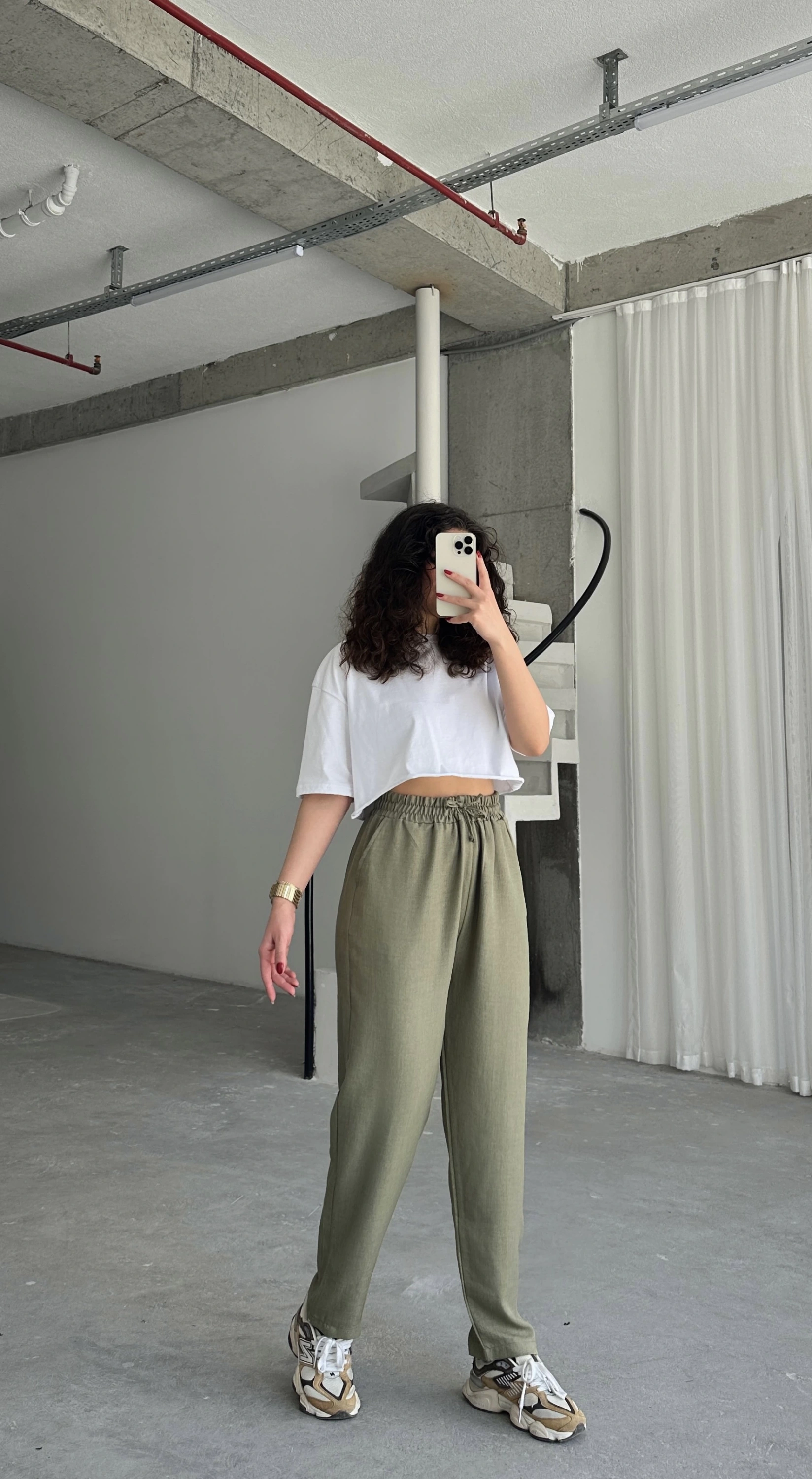 Pullaps Beli Lastikli Yüksek Bel Salaş Keten Pantolon Haki