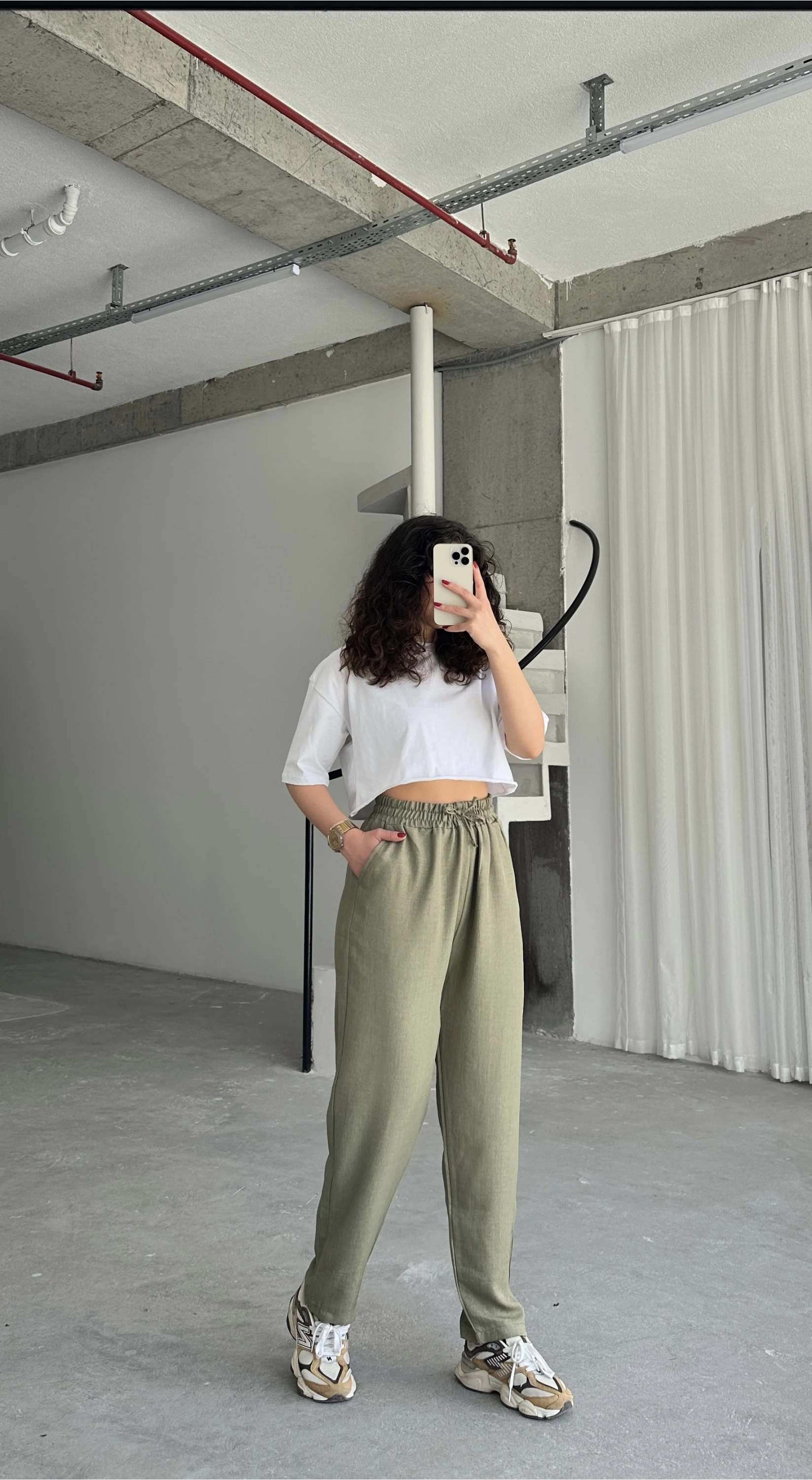 Pullaps Beli Lastikli Yüksek Bel Salaş Keten Pantolon Haki