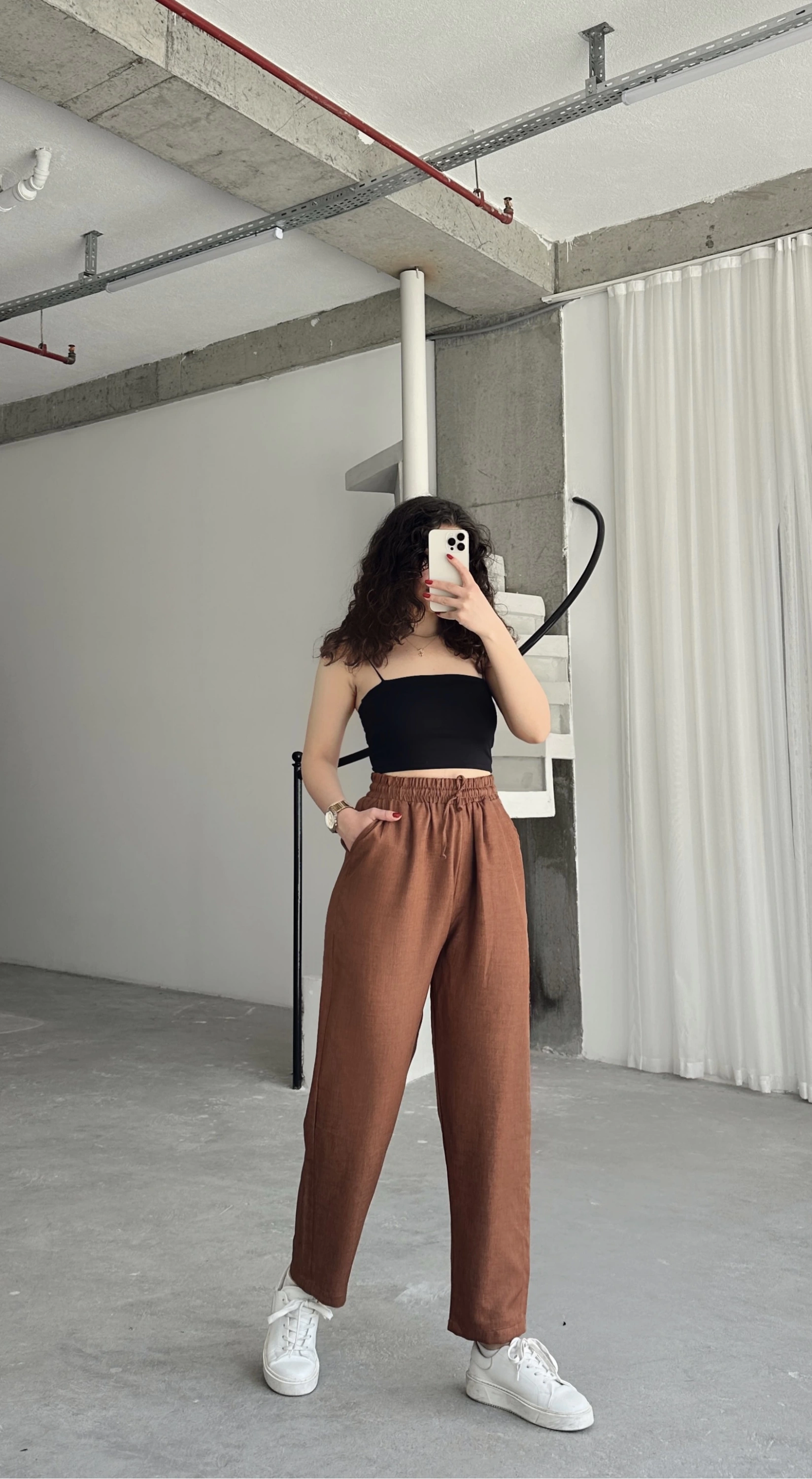 Pullaps Beli Lastikli Yüksek Bel Salaş Keten Pantolon Kahve