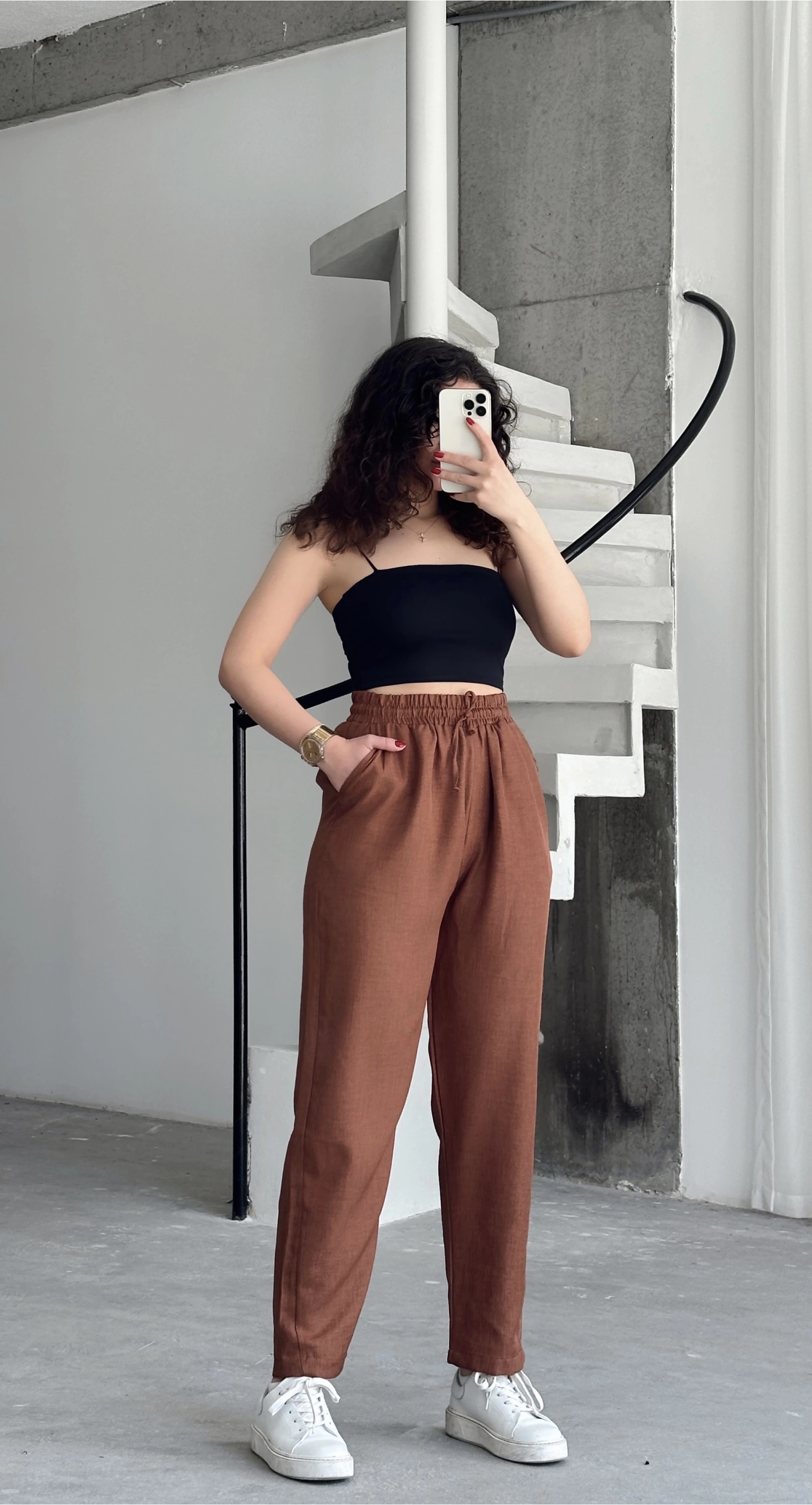 Pullaps Beli Lastikli Yüksek Bel Salaş Keten Pantolon Kahve