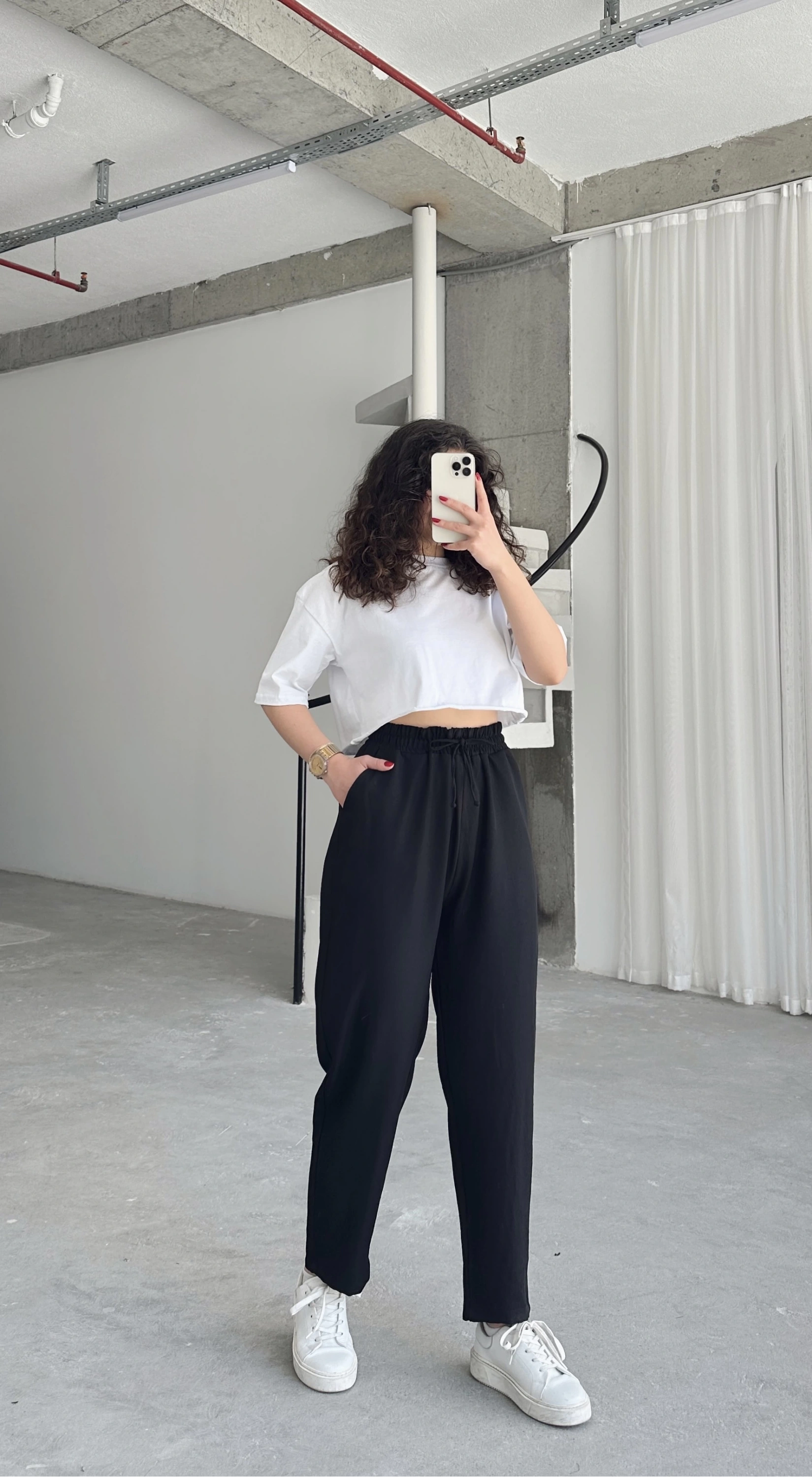 Pullaps Beli Lastikli Yüksek Bel Salaş Keten Pantolon Siyah