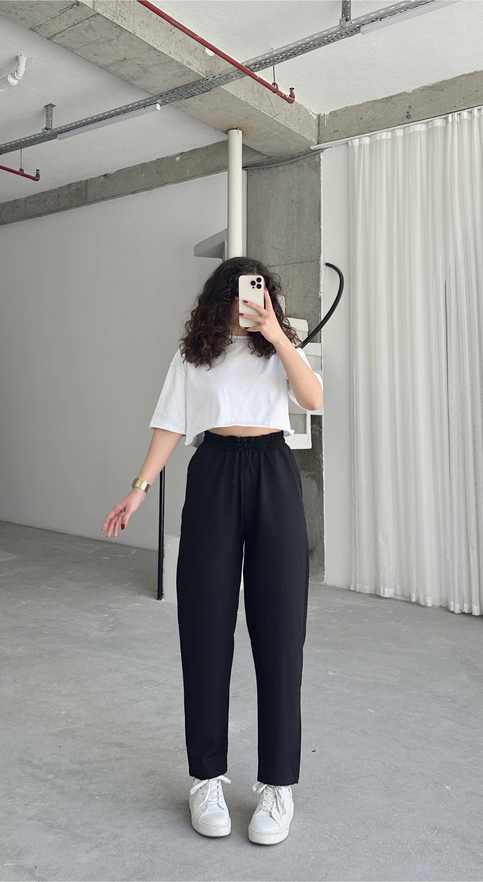 Pullaps Beli Lastikli Yüksek Bel Salaş Keten Pantolon Siyah