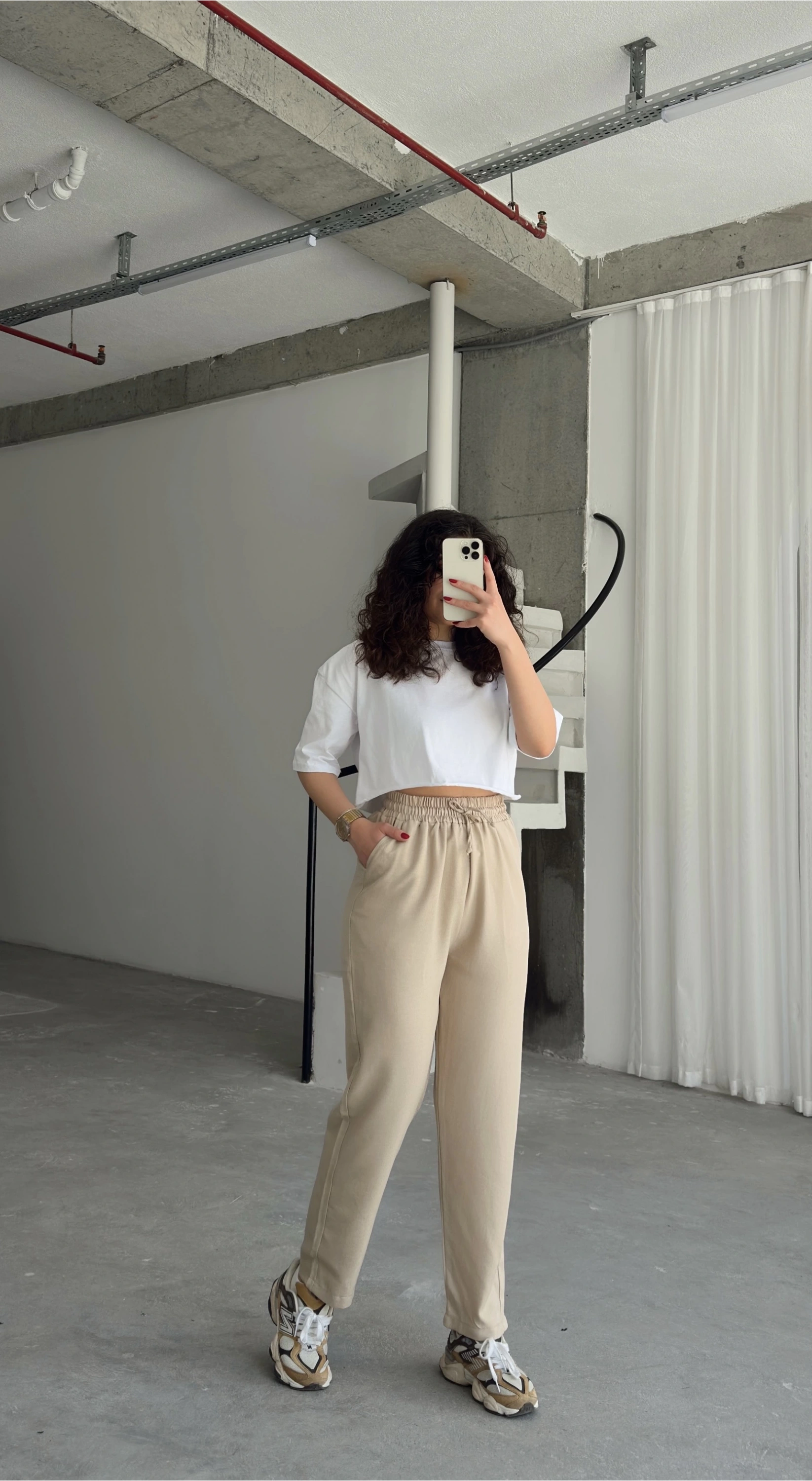 Pullaps Beli Lastikli Yüksek Bel Salaş Keten Pantolon Vizon