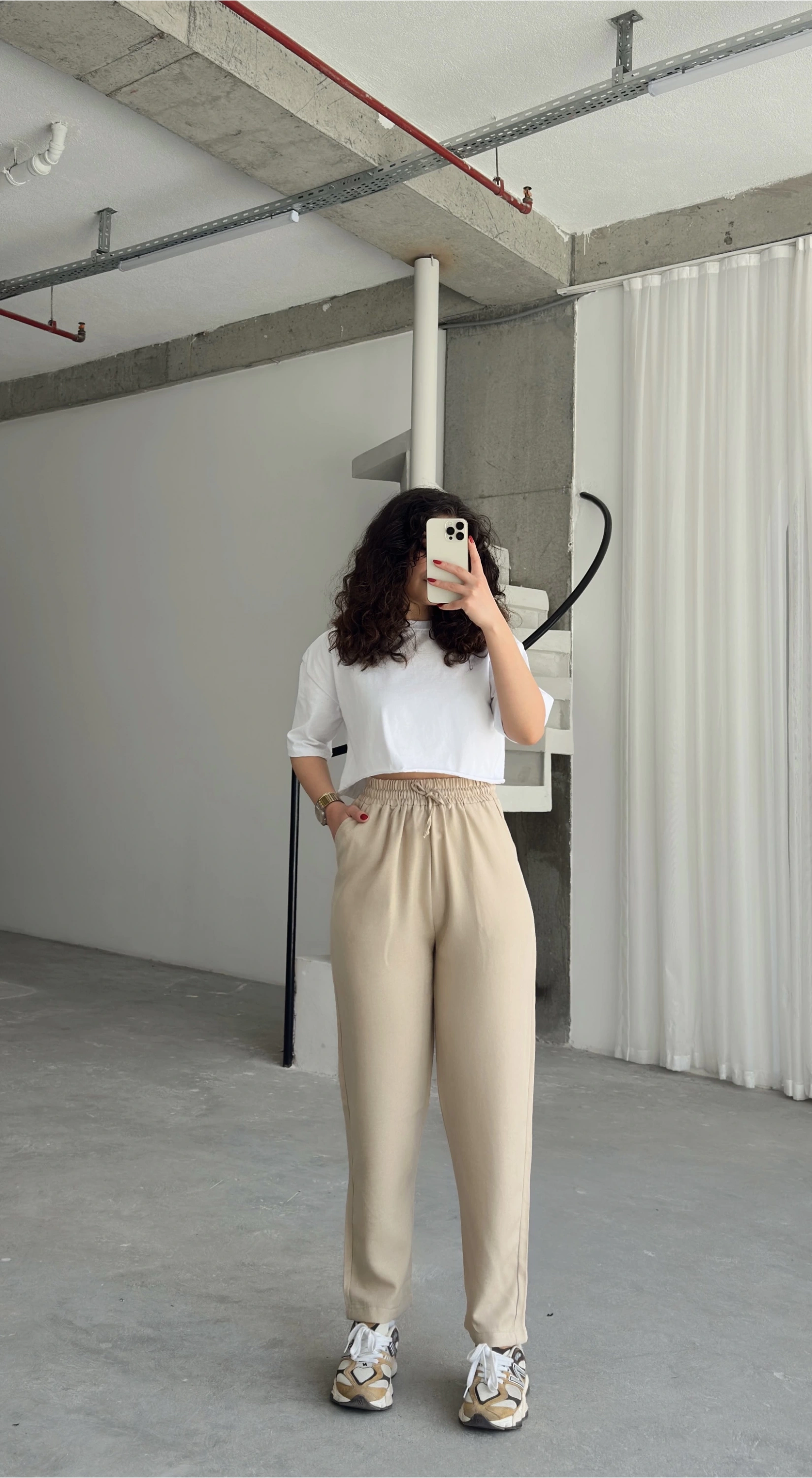 Pullaps Beli Lastikli Yüksek Bel Salaş Keten Pantolon Vizon