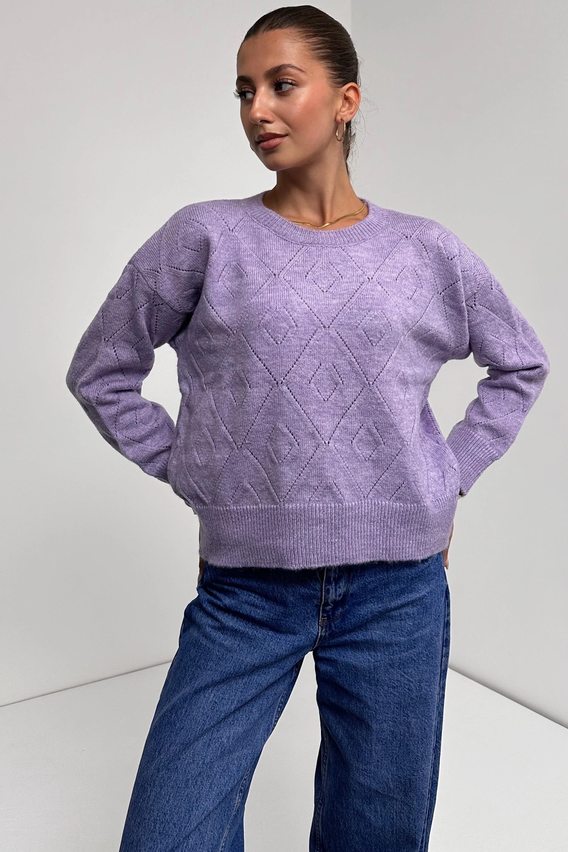 Pullaps Bisiklet Yaka Baklava Desenli Triko Kazak Lila