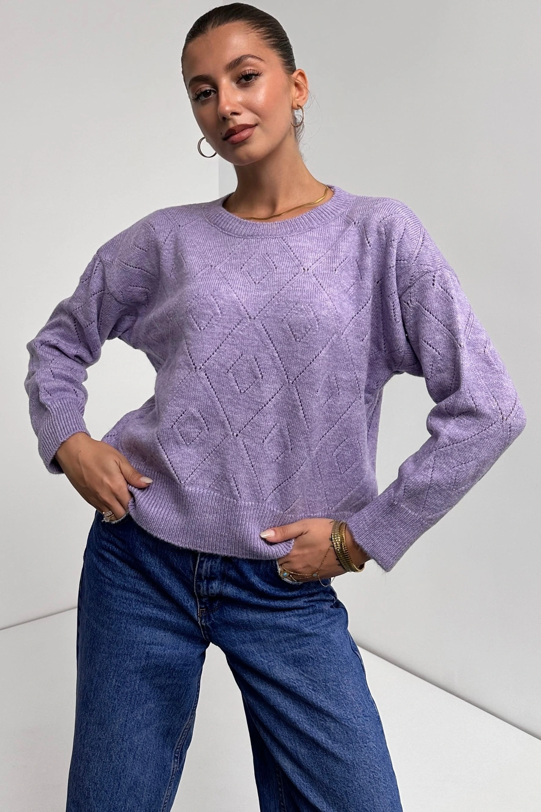 Pullaps Bisiklet Yaka Baklava Desenli Triko Kazak Lila