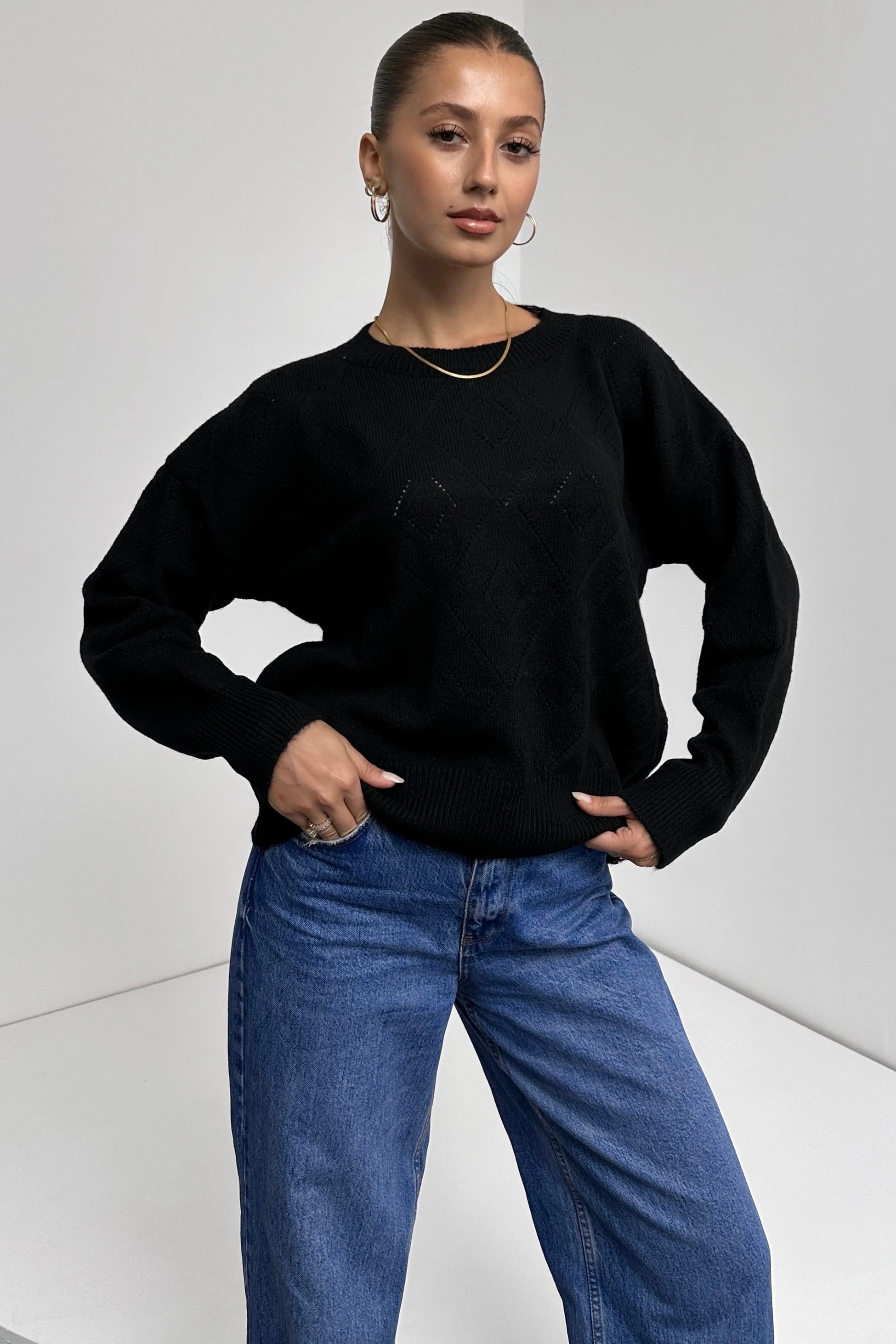 Pullaps Bisiklet Yaka Baklava Desenli Triko Kazak Siyah