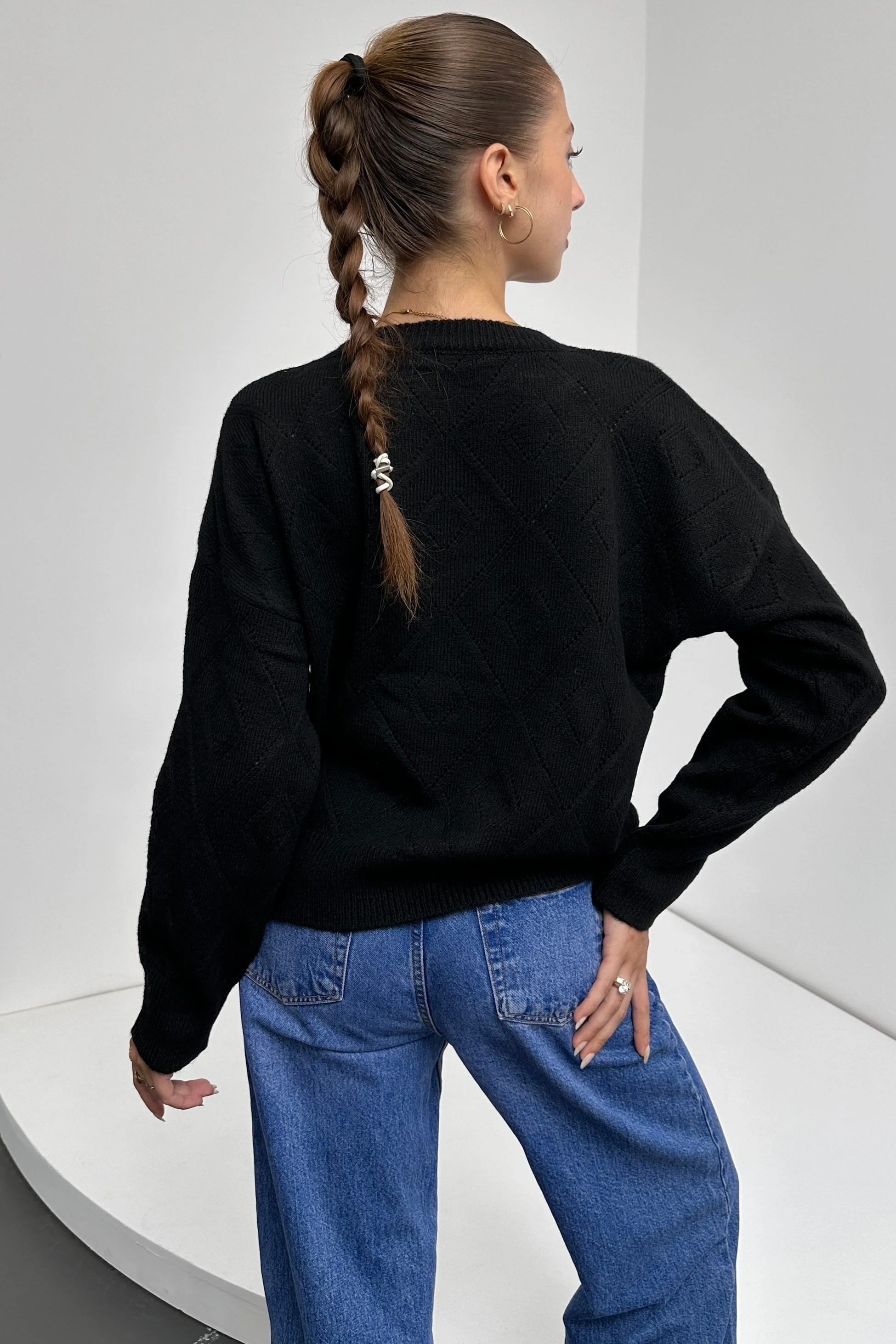 Pullaps Bisiklet Yaka Baklava Desenli Triko Kazak Siyah