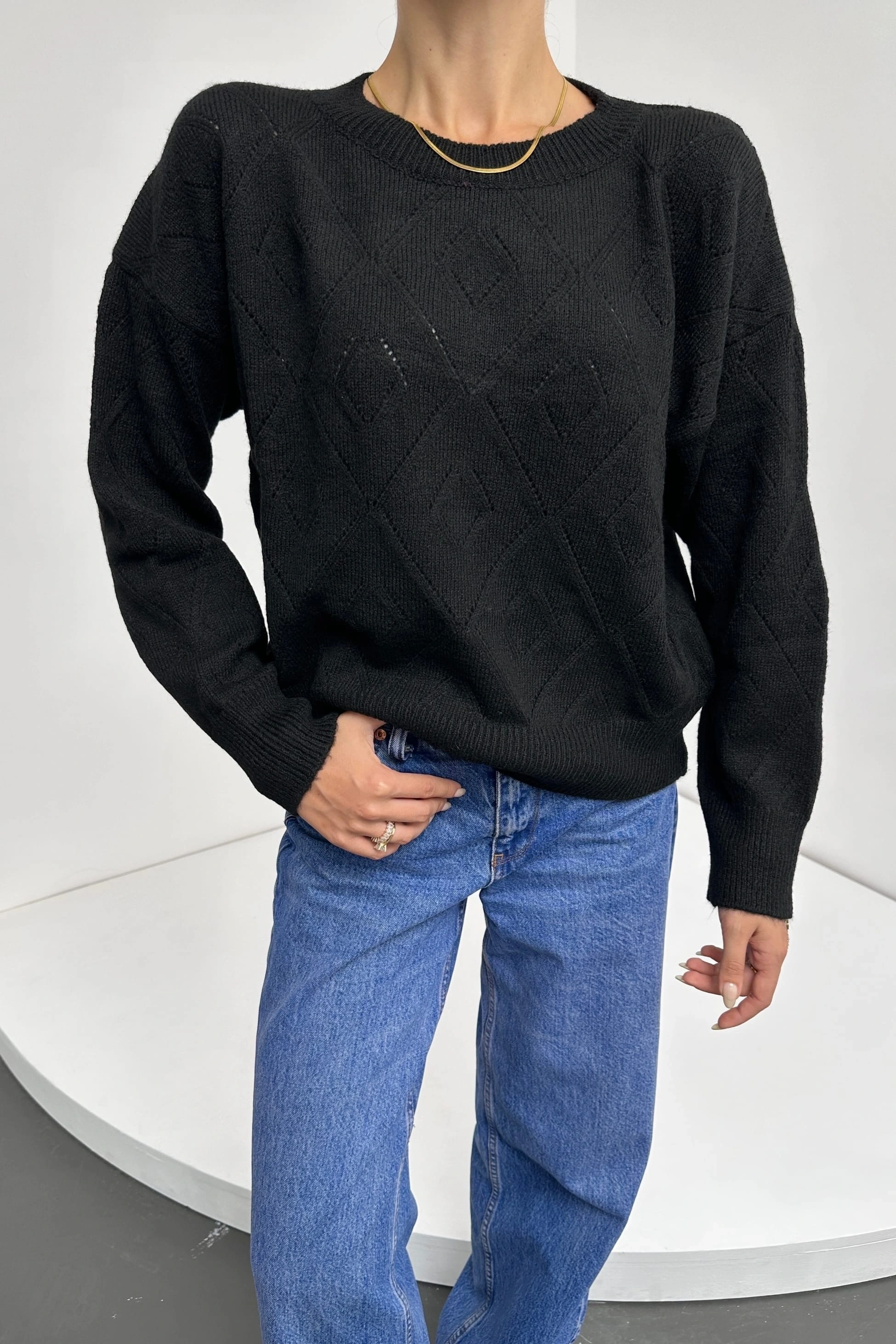 Pullaps Bisiklet Yaka Baklava Desenli Triko Kazak Siyah