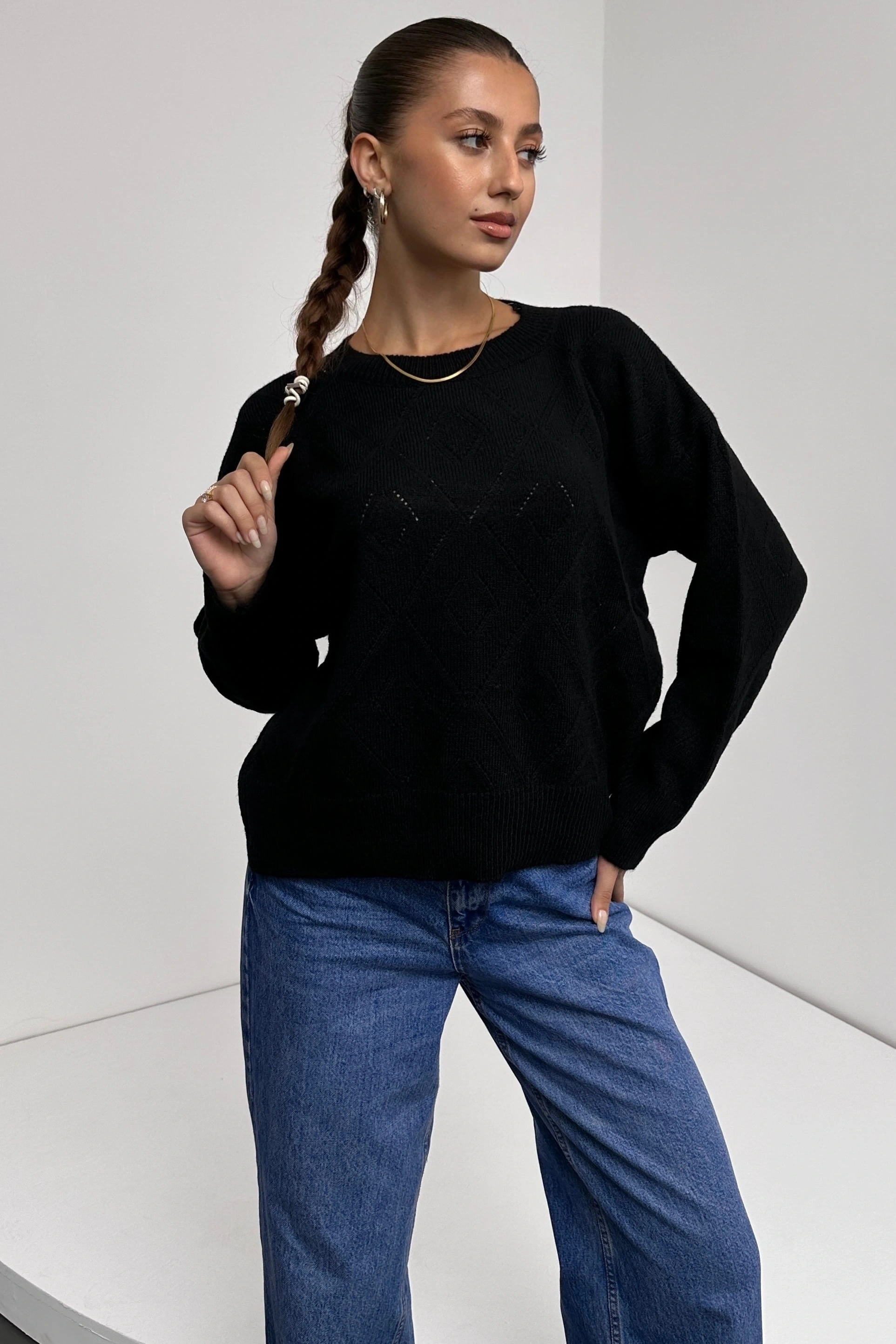 Pullaps Bisiklet Yaka Baklava Desenli Triko Kazak Siyah