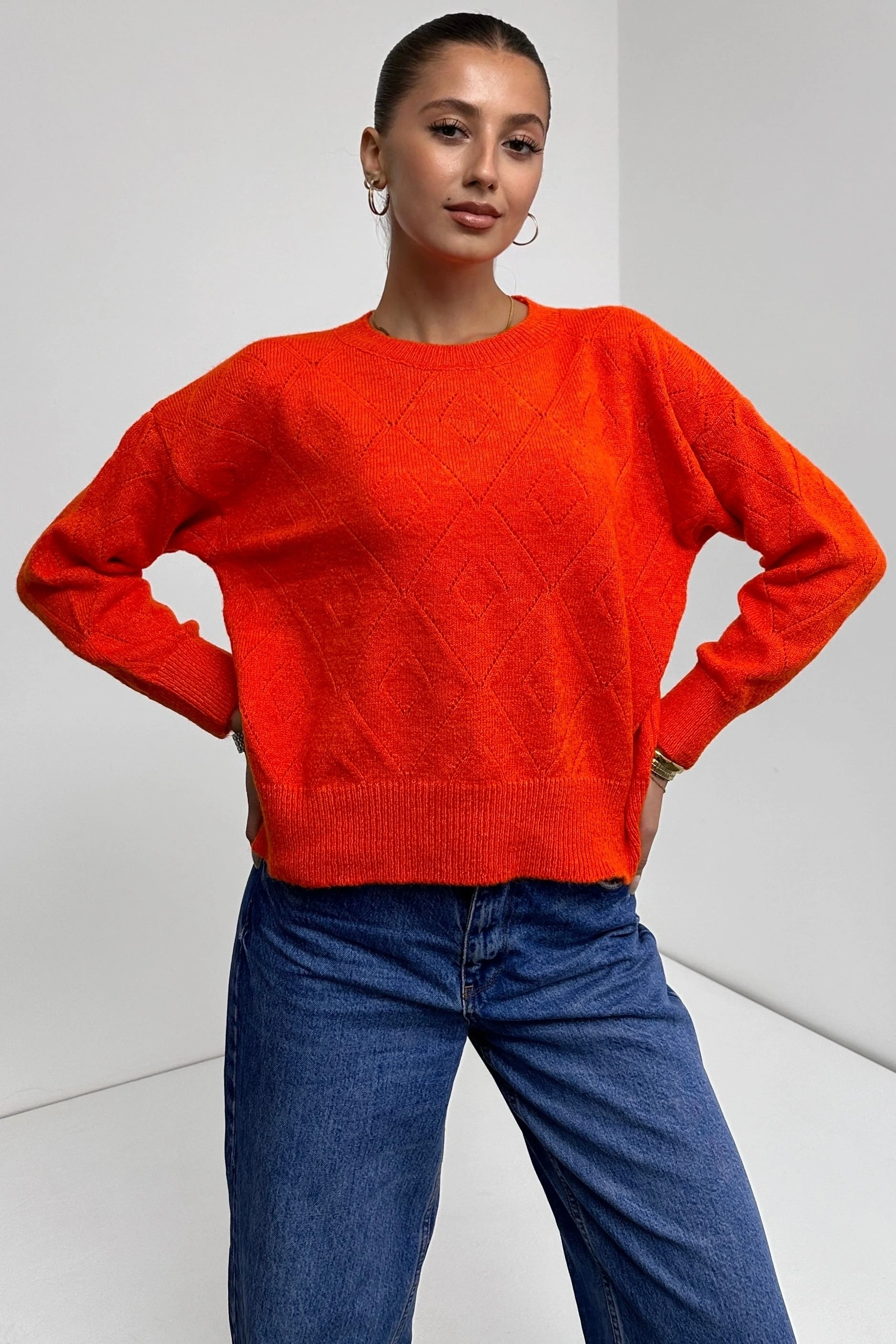 Pullaps Bisiklet Yaka Baklava Desenli Triko Kazak Turuncu