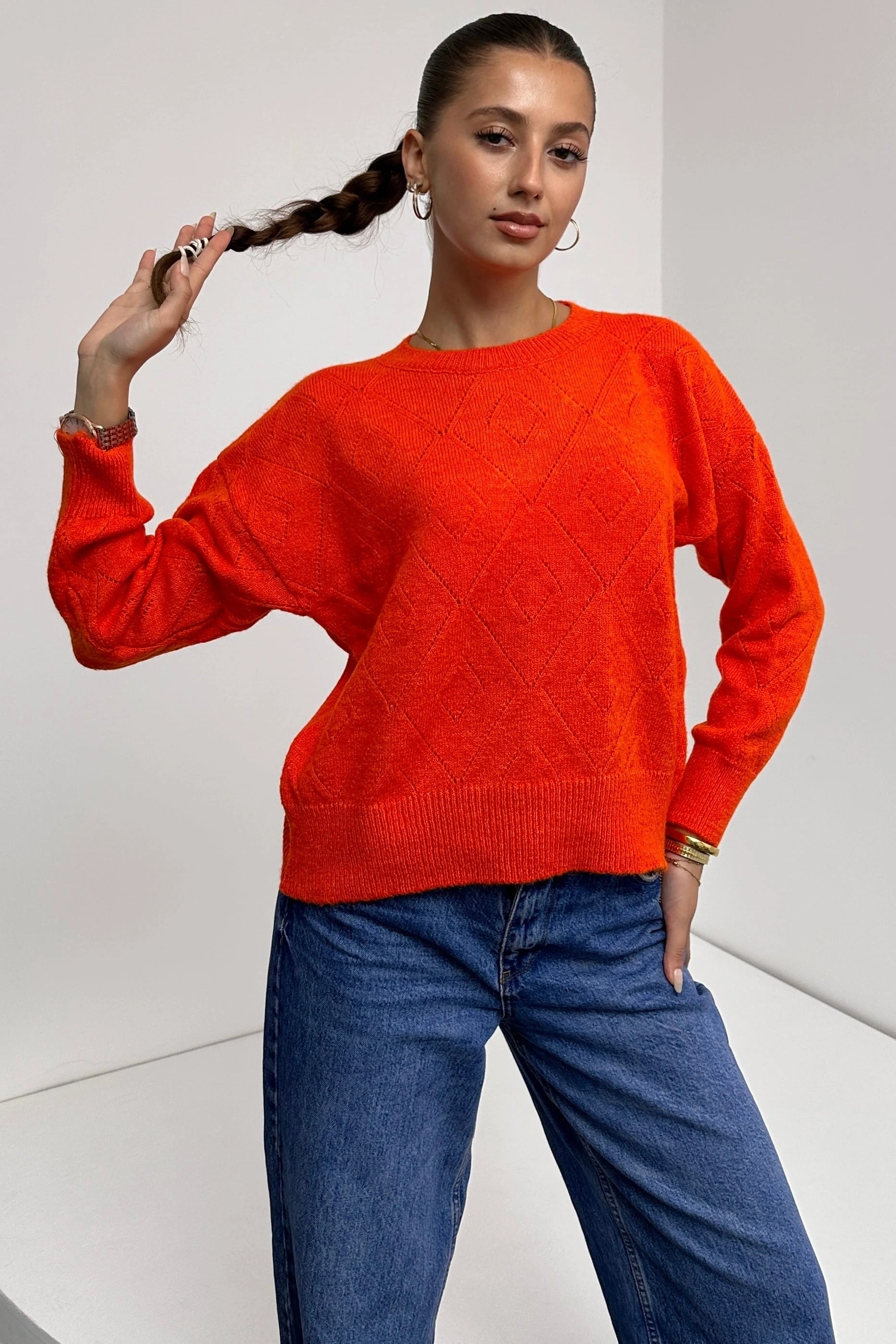 Pullaps Bisiklet Yaka Baklava Desenli Triko Kazak Turuncu