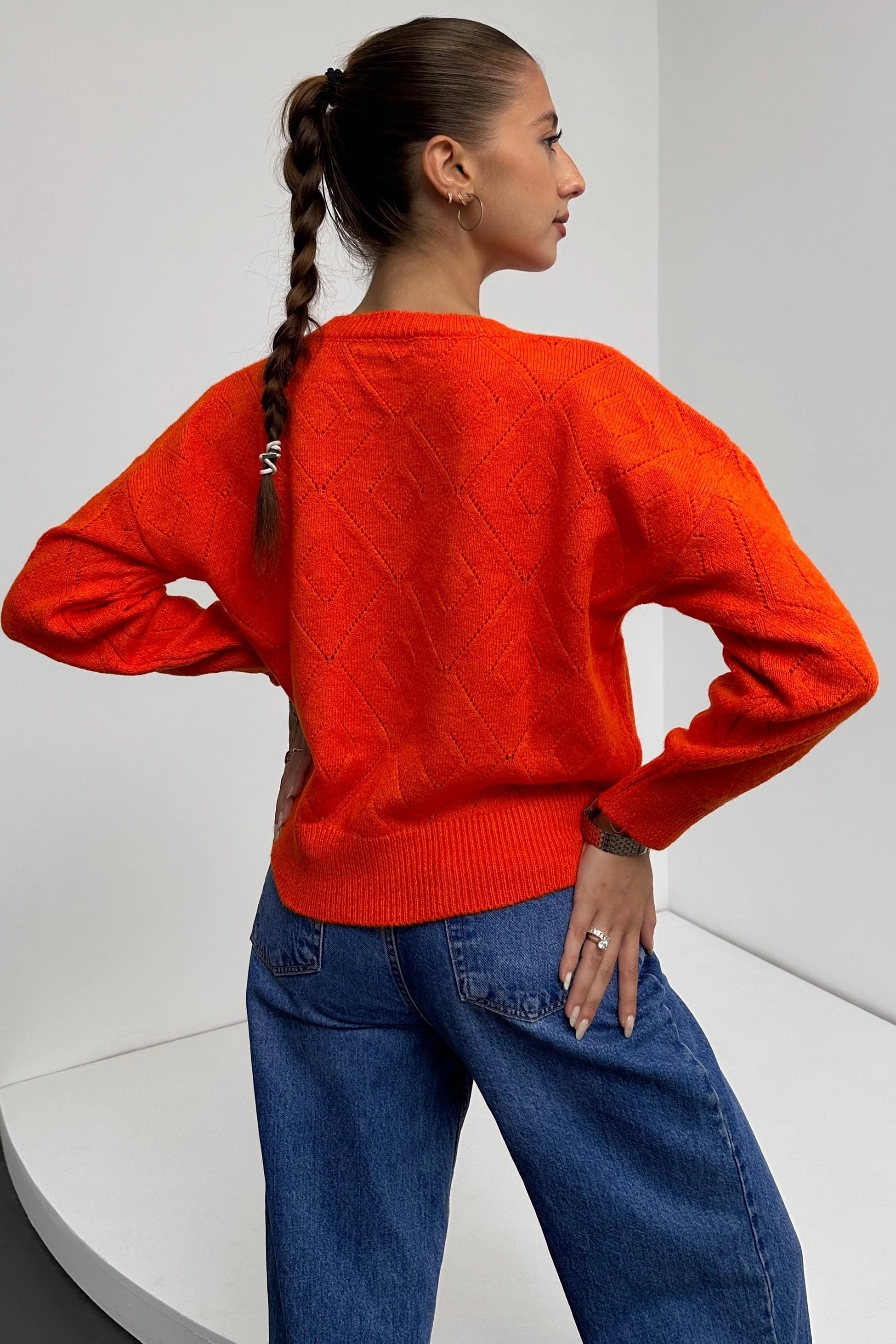 Pullaps Bisiklet Yaka Baklava Desenli Triko Kazak Turuncu