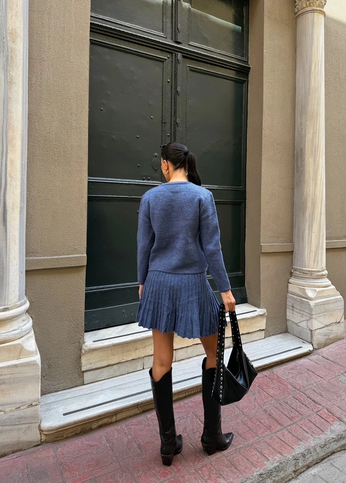 Pullaps Bisiklet Yaka Hırka Ve Pile Detaylı Etek Triko Takım İndigo