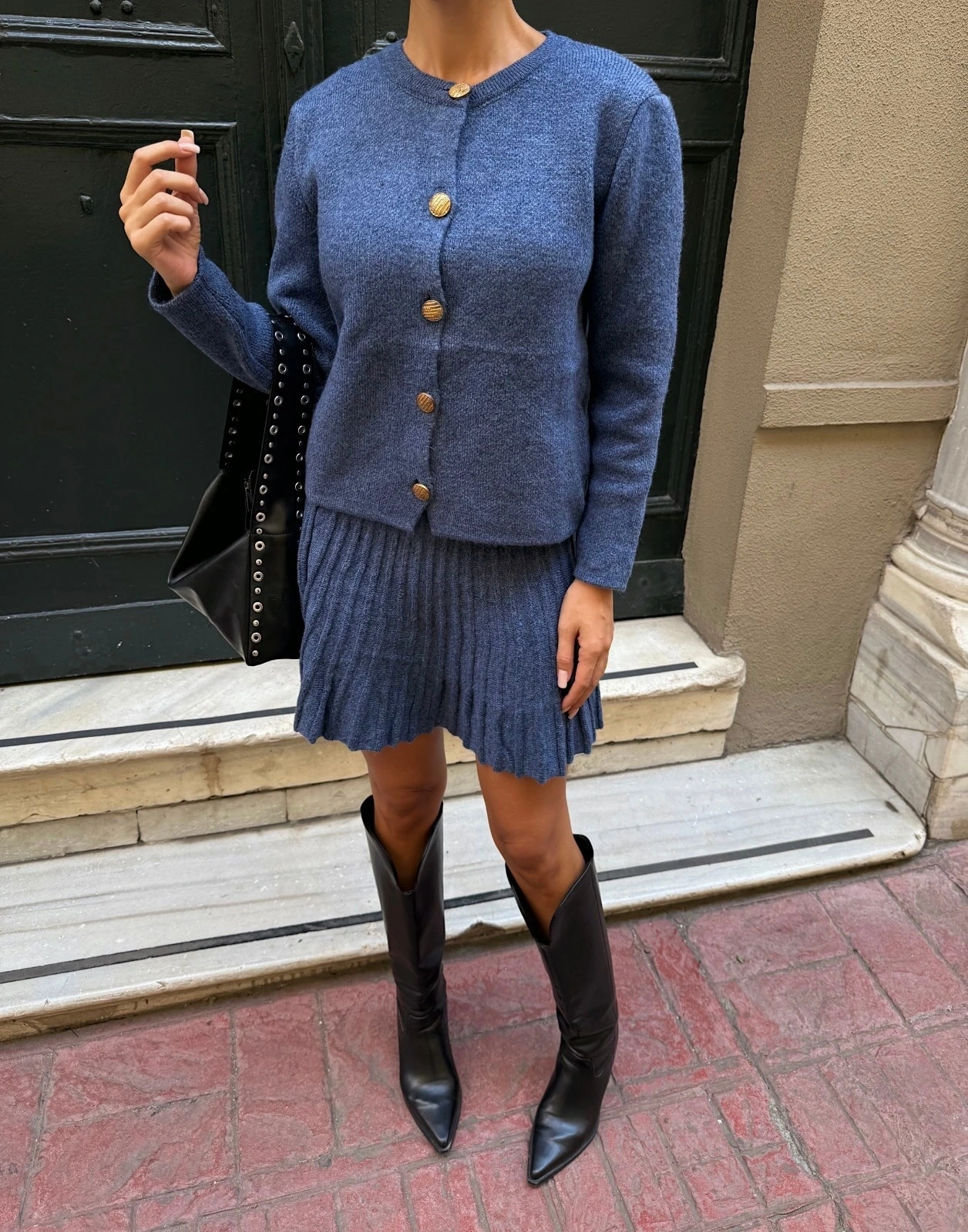 Pullaps Bisiklet Yaka Hırka Ve Pile Detaylı Etek Triko Takım İndigo